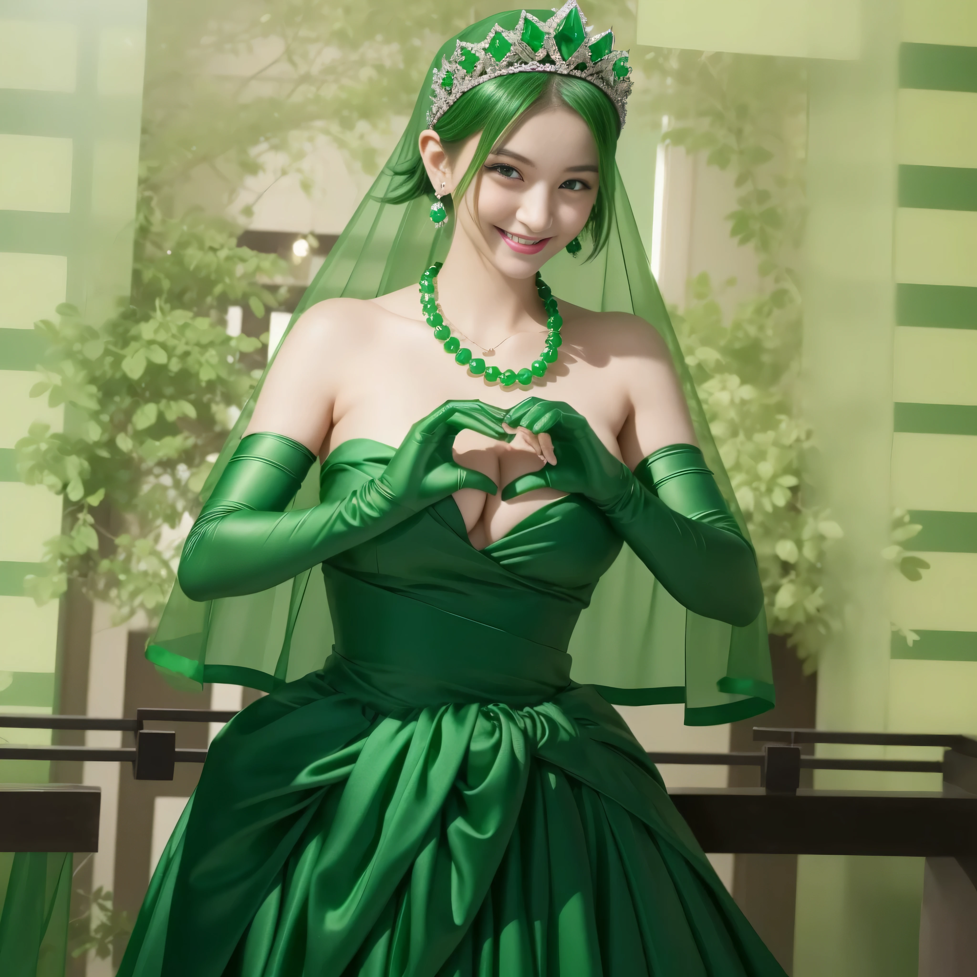 emerald tiara, green pearl necklace, boyish very short green hair, lipstick, smiling Japanese woman, very short hair, big breasts beautiful, green eyes, Long Green Satin Gloves, green eyes, V sign, emerald earrings, green veil, green lip gloss