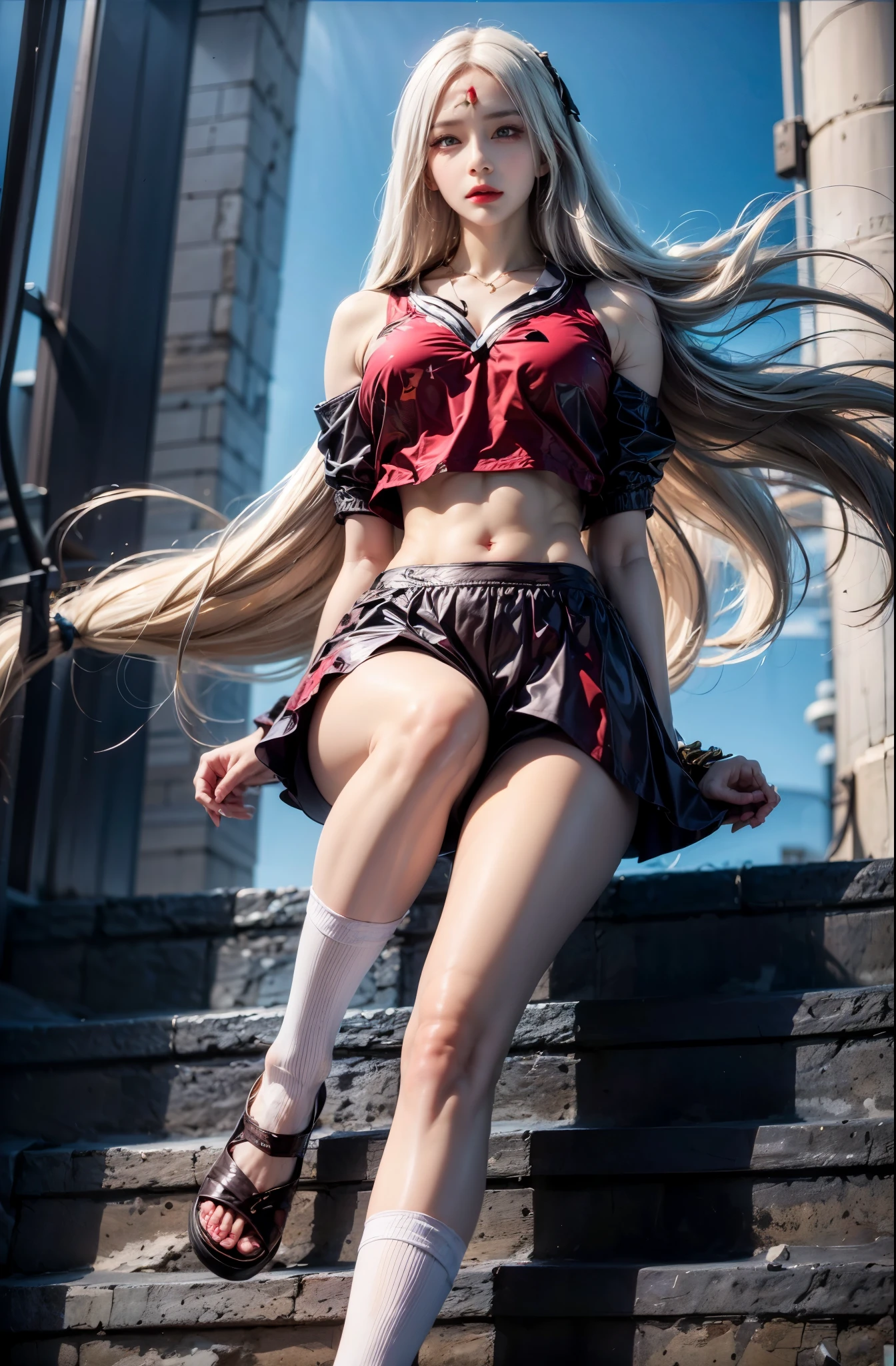 realistic, 1 women, best quality, 12k, HD, long hair, big round breasts, cleavage, ponytail, necklace, jewelry, shorts, short jacket, slim hips, hair tie, yellow eyes, black hair, super detailed, Eye details, hair details, person details, mouth details, face details, breast details, clothes details, hair details, pants details, hand details, whole body