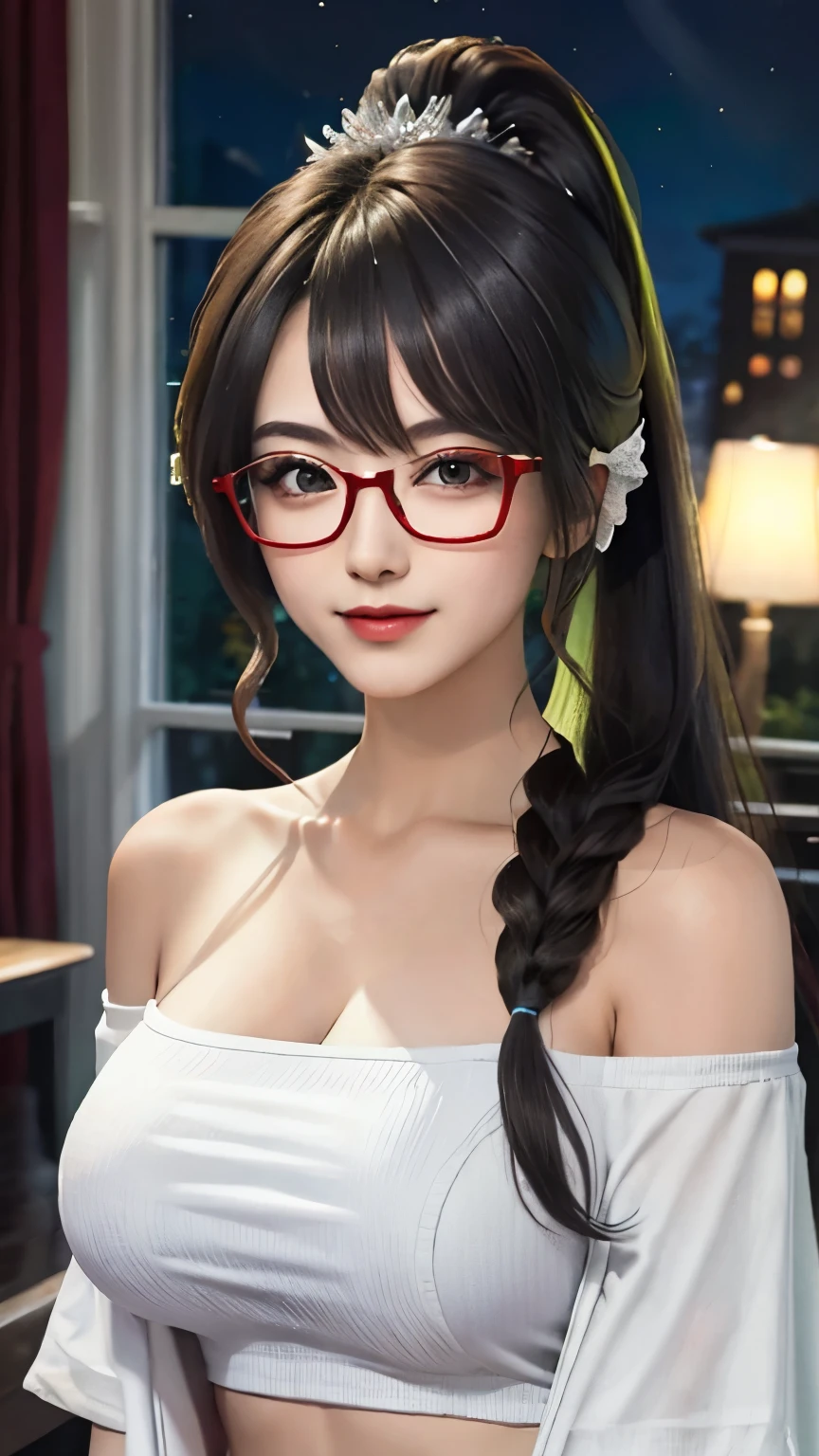 best quality，surface focus，look directly at the audience，soft light，（depth of field），ultra high resolution，（Realism：1.4），original photo，Big breasts，White clothes，open navel，bare shoulders，through bangs，Long ponytail hairstyle，灰黑色hair和绿色hair, Good-looking hair accessories，red glasses，Red Half-rimmed Glasses，huge ，（sportswear：1.4），（from the front）1 girl，solo，Lovely，（Shy，Smile：1.1），（light green eyes），Detailed beautiful face，（noon_hair）， night moon，Walk，（off-the-shoulder shirts），