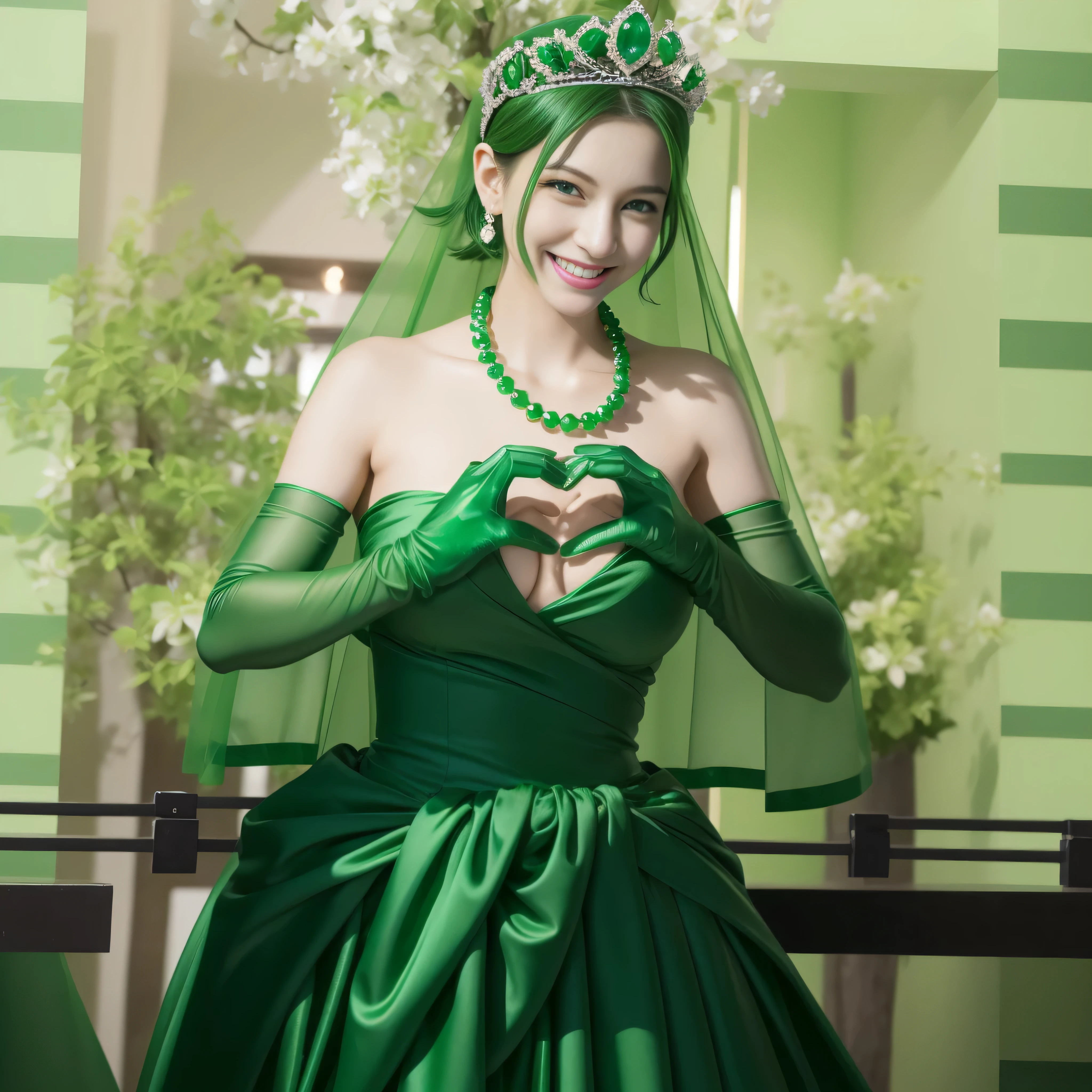 emerald tiara, green pearl necklace, boyish very short green hair, lipstick, smiling Japanese woman, very short hair, big breasts beautiful, green eyes, Long Green Satin Gloves, green eyes, V sign, emerald earrings, green veil, green lip gloss