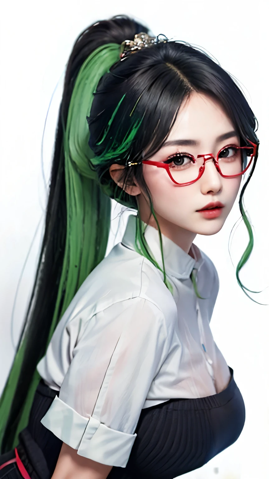 (masterpiece、best quality、high resolution),White background,((paint splatter,splash of color,splash ink、splash of color)),Sweet Chinese girl,Black hair and green hair, Long ponytail,Good-looking hair accessories,red glasses,Red Half-rimmed Glasses,huge ,pink lip gloss,upper part of body,The expression is fascinating,detail,emphasize,tear nevus,drenched in sweat