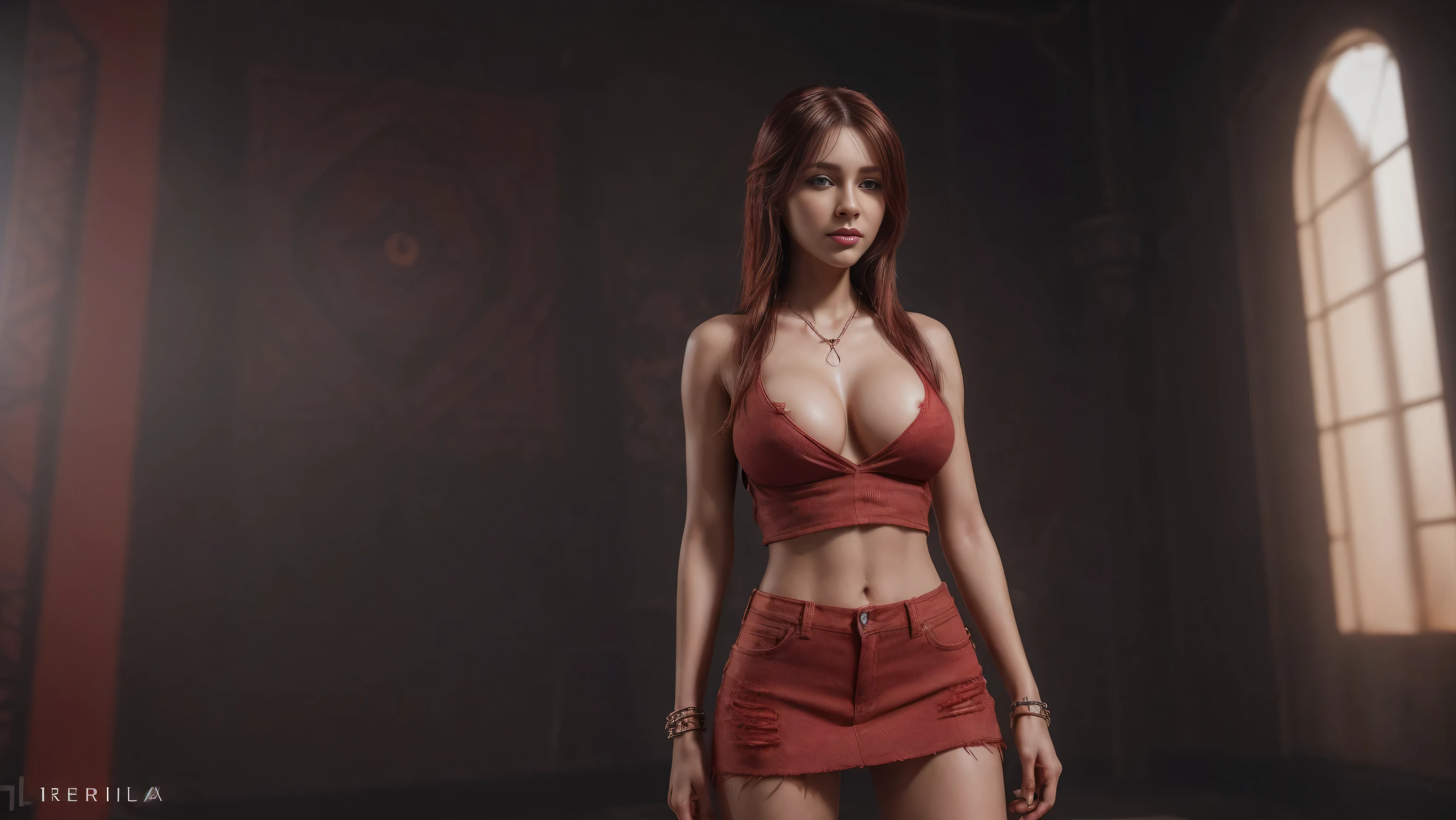 8k, masterpiece, RAW photo, best quality, photorealistic, extremely detailed CG unity 8k wallpaper, Depth of field, Cinematic Light, Lens Flare, Ray tracing, (extremely beautiful face, beautiful lips, beautiful eyes), intricate detail face, ((ultra detailed skin)), ((1girl:1.9)), ((alone:1.9)), ((seductively standing pose)), (fantasy art, beautiful and aesthetic:1.2), deep shadow, (sharp focus), [((Raiana-Elizabeth-Dilla:1.9))], pretty girl, (very slim slender fit-muscled body:1.9), ((beautiful legs:1.4)), (big smile:1), (sexy ((see-through)) ((ultra-short ((red:1.4)) punk-style clothes))), (seen at a glance without panty:1.4),((ultra-short miniskirt:1.4)),((ripped jeans miniskirt:1.4)),((graffiti art:1.4),(modern night life:1.4),(dark red colors:1.4)), beautiful earrings, bracelets, necklace, red pendant, clear eyes, (pale skin), (face forward), ((whole-body-view)), ((full-body:1.8, cinematic shot)), soft lighting, (long black hairs), (looking at viewer:1.8), cleavage breasts, (large breasts:1.4), highly detailed, ultra realistic, extremely detailed and realistic ((red:1.5)) clothes.
