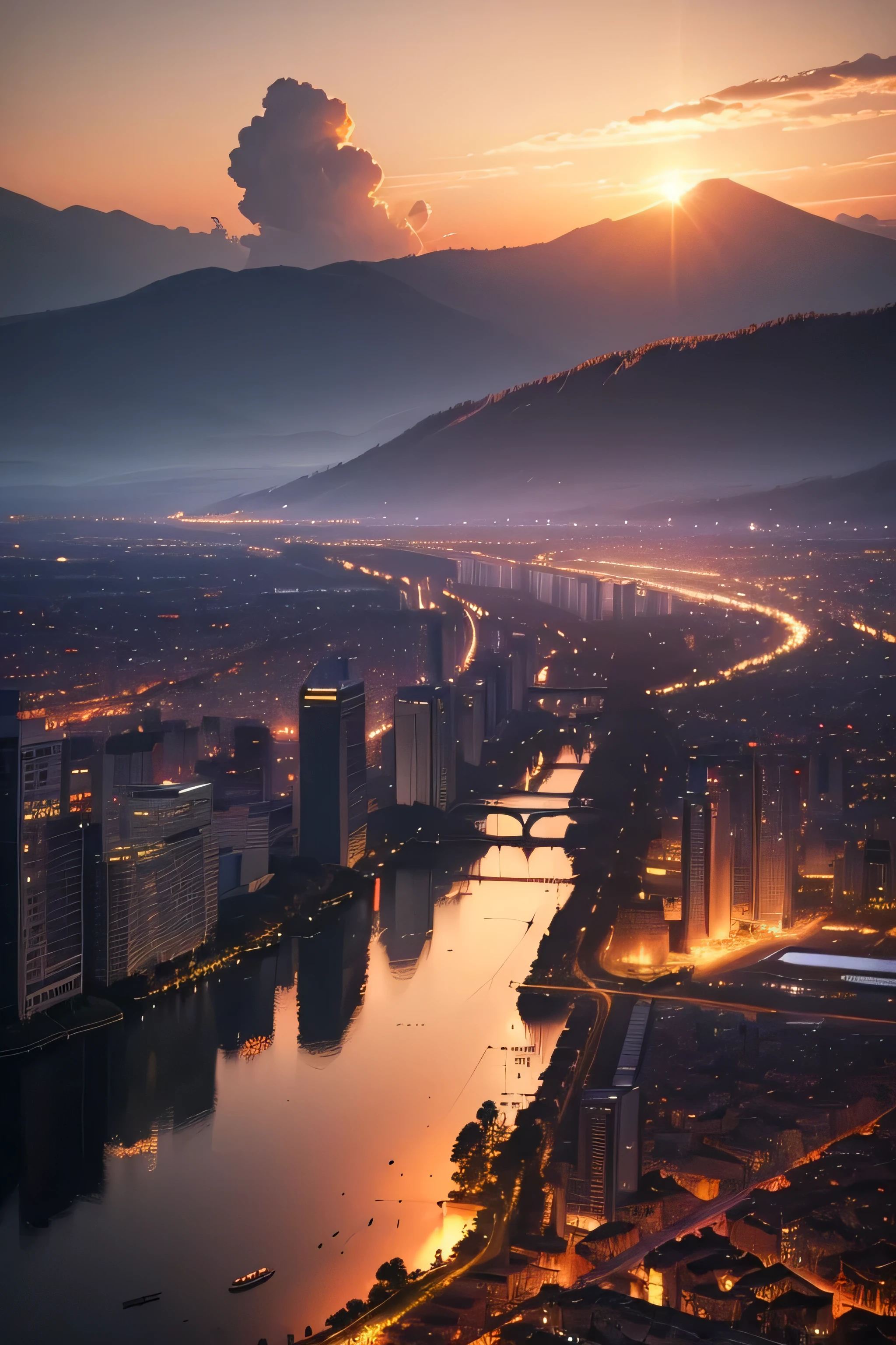 (best quality,4k,8k,highres,masterpiece:1.2),ultra-detailed,(realistic,photorealistic,photo-realistic:1.37),landscape,sunset skyline,warm colors,vivid colors,cityscape silhouette,pattern,cityscape,nature elements,buildings silhouettes,dusk,dreamy,serene,tranquil,golden hues,orange,red,pink,purple clouds,gradient effect,fading light,soft glow,hazy atmosphere,darkening sky,hint of twilight,contrast,dramatic,reflection on water,dimly lit windows,cloud formations,ray of sunlight,horizon,natural beauty