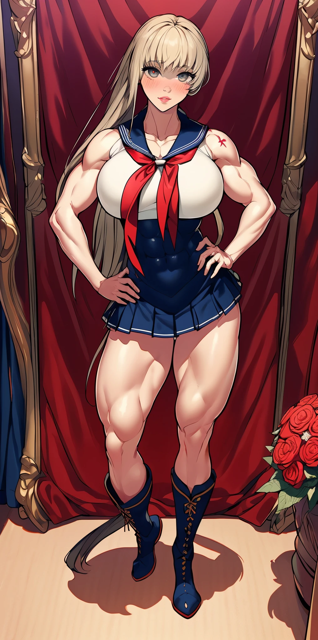 woman bodybuilder with very large calves very beautiful resemblance sailor uniform, full body standing symmetrical lustful smirking smile face (red blush), martial art, bouquet of flowers holding, full body toe to head, feet together, high boots, big breast, paladin warrior knight, hands on hips. red tattoo on belly, bedroom background, royal bedroom,
