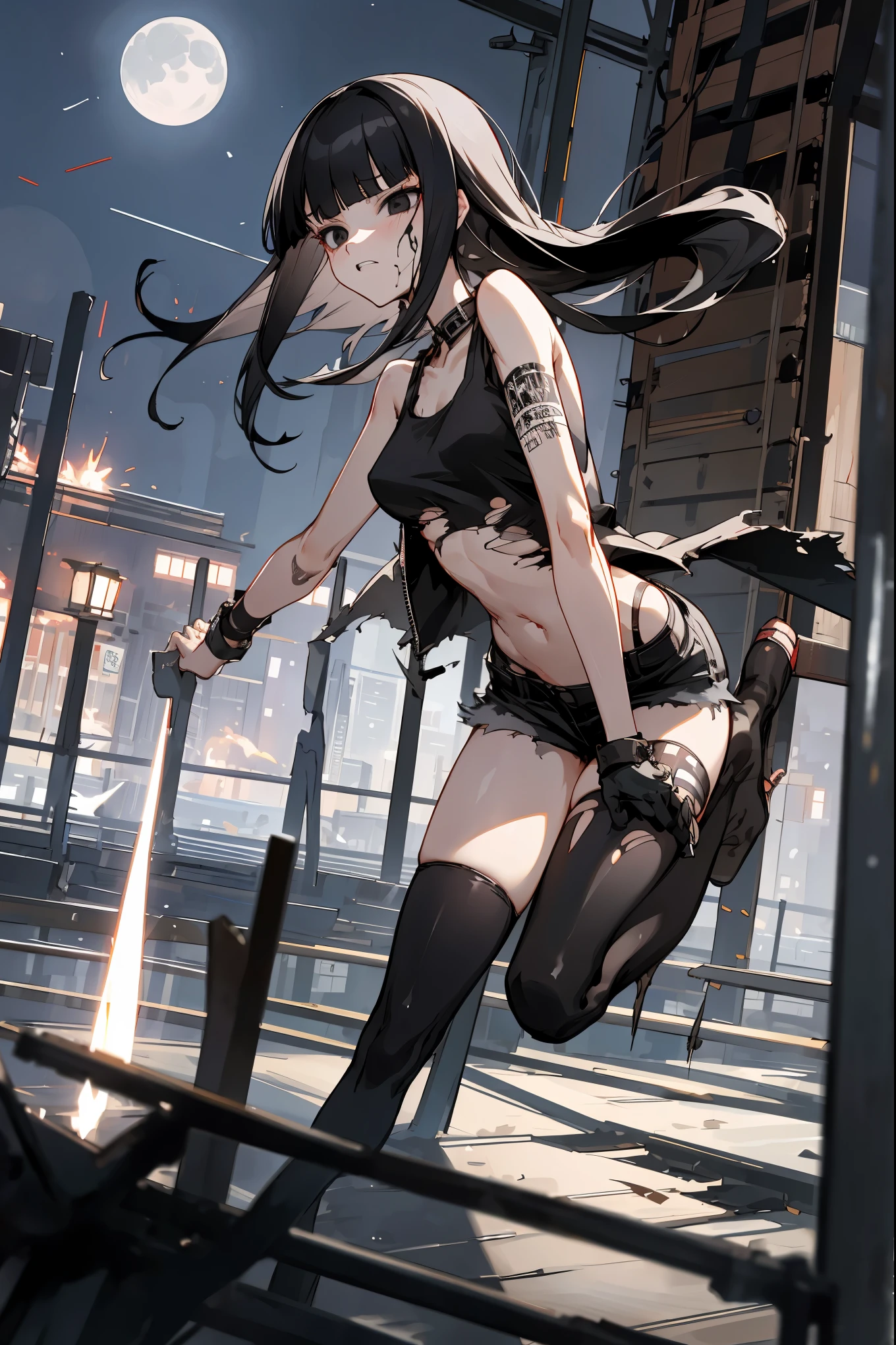 nsfw,1woman,solo,Perfect Anatomy,20year old beauty、black hair,long  hair,blunt  bangs,black eyes,slender body, smaller head、ideal ratio body proportions,medium breasts,punk rock fashion、painful expression、torn clothes、Black tank top、Navel is visible、black leather micro miniskirt、thigh_gap, black_thighhighs,Run,jump、blast、exploding building、Trade port、warehouses lined up、Warehouse district、Tokyo、at night、moonlight、