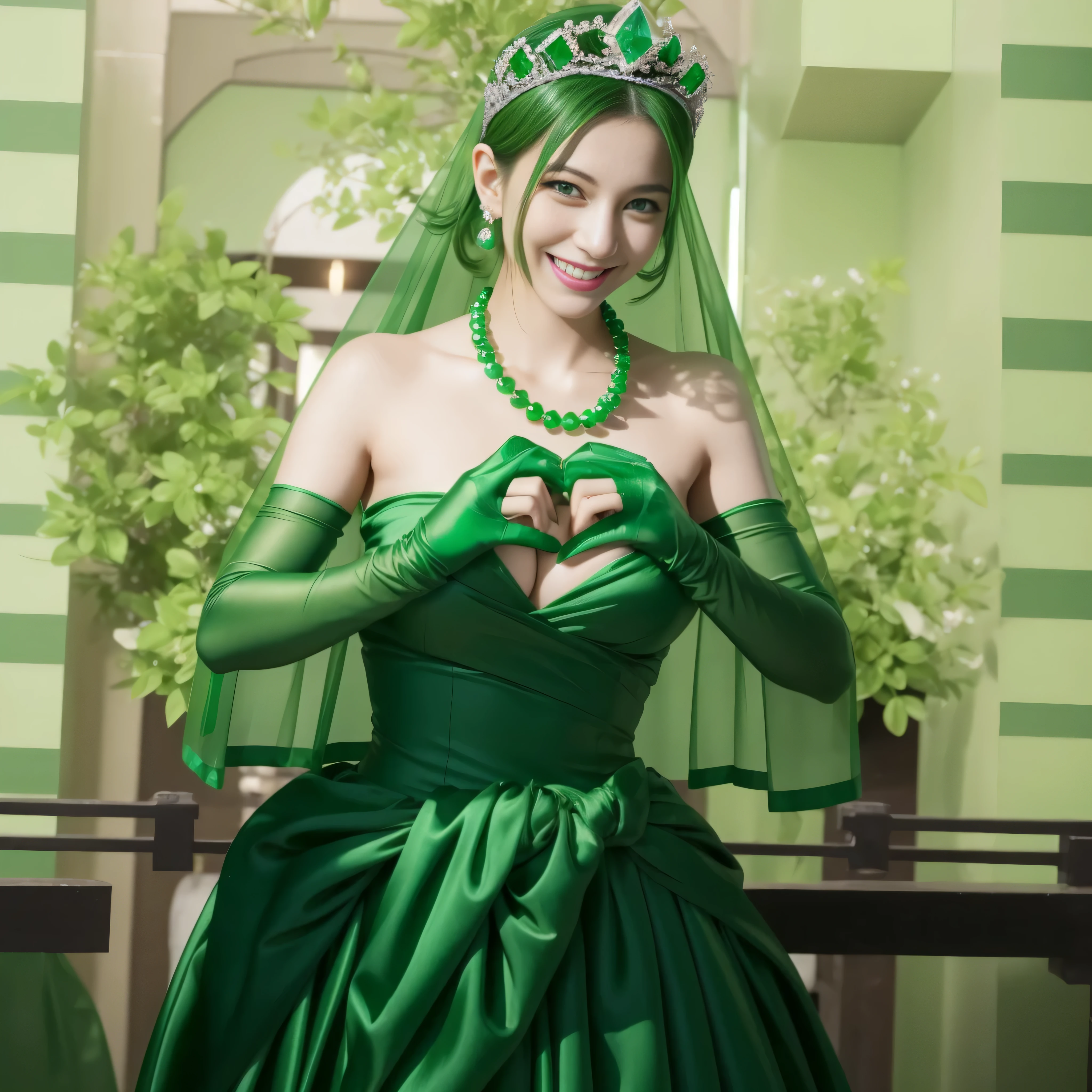 emerald tiara, green pearl necklace, boyish very short green hair, lipstick, smiling Japanese woman, very short hair, big breasts beautiful, green eyes, Long Green Satin Gloves, green eyes, V sign, emerald earrings, green veil, green lip gloss