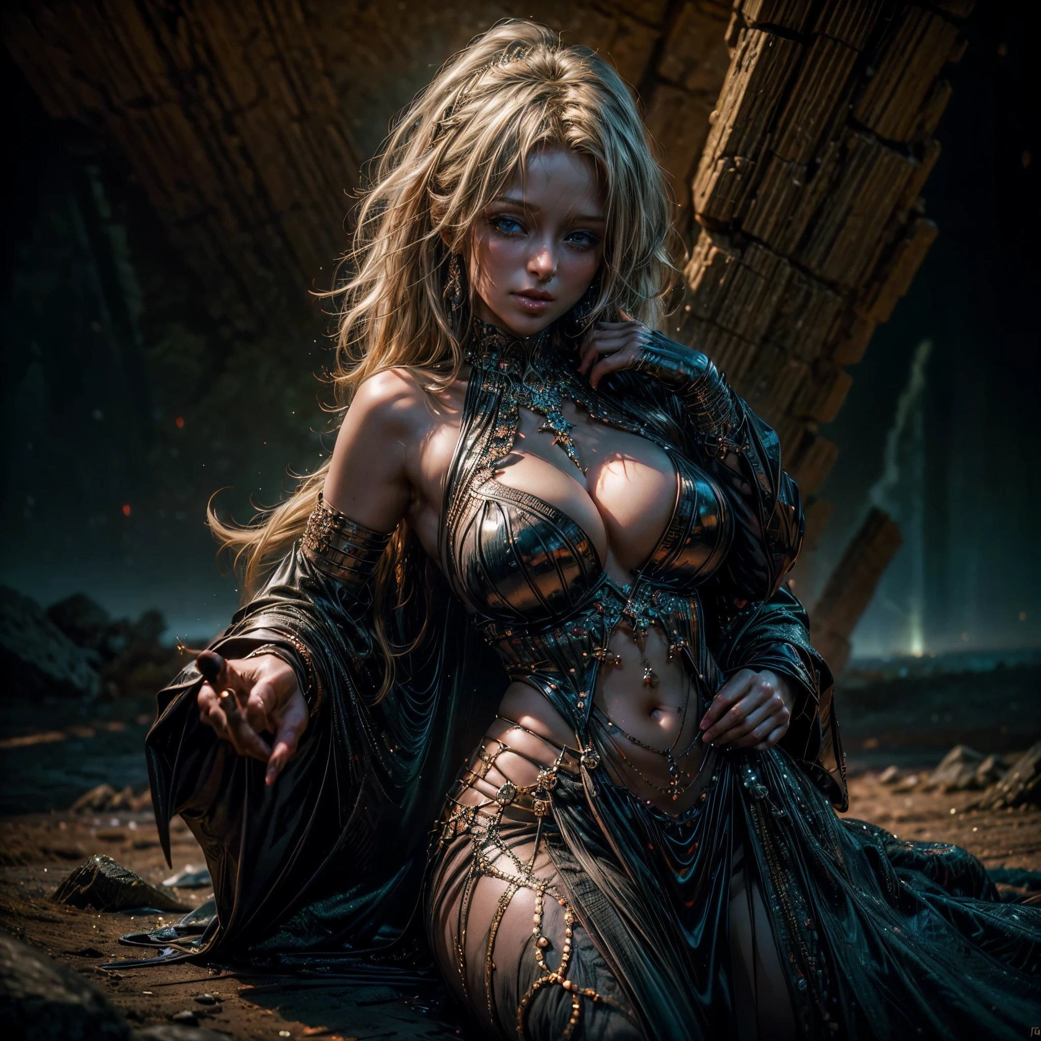 Stable Diffusion prompt: two sorceresses, big breasts, big hair, big hips, bejeweled bodies, henna mystic symbols, cast a ritual to summon a fiery tiger demon, set in ancient ruins, (best quality, 4k, 8k, highres, masterpiece:1.2), ultra-detailed, (realistic, photorealistic, photo-realistic:1.37), HDR, UHD, studio lighting, ultra-fine painting, sharp focus, physically-based rendering, extreme detail description, professional, vivid colors, bokeh, portraits, landscape, horror, anime, sci-fi, photography, concept artists, vibrant color palette, mystical light, eerie atmosphere