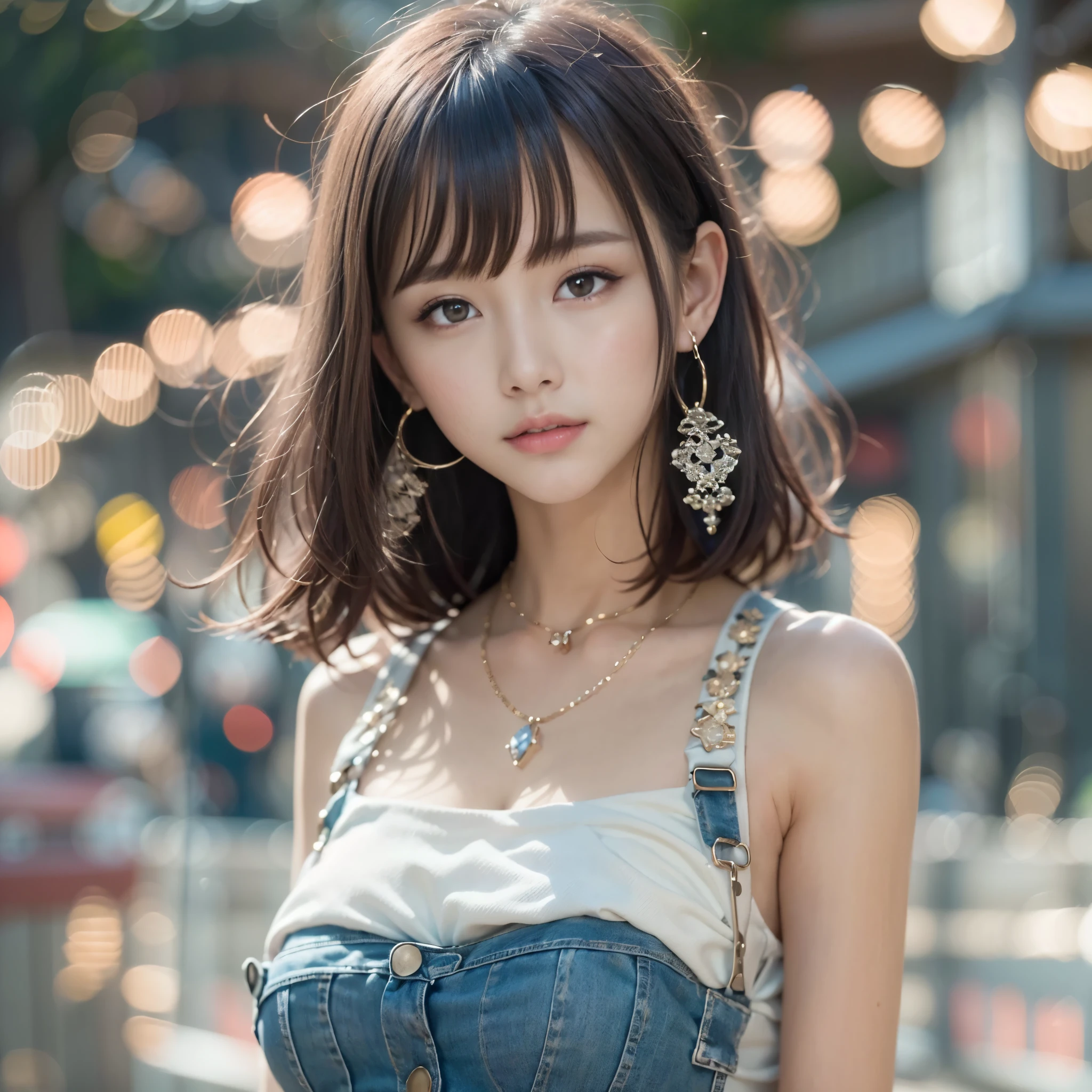 (realistic、Like a photograph、live action、8K, Photoreal, RAW photo, best image quality: 1.4), RAW photo, highest quality, realistic, Highly detailed CG Unity 8K wallpaper, Depth of written boundary, cinematic light, Lens flare, ray tracing, (very beautiful face, beautiful lips, beautiful eyes), (denim shorts:1.3、abs:1.2、high heels:1.1、knee socks)、(big breasts、emphasize the chest:1.1、cleavage)、face with intricate details, ((super dense skin))、 1 girl,cute japanese girl、japanese idol、(looking at the viewer)、((full body shot:1.1))、random hairstyle:1.2、cleavage:1.2、i like the style、Snazzy、super detail face、pay attention to details、short bob hair、sneakers、earrings、necklace、Highly detailed and professional illuminated smile、perfect costume、(white skin)、(I can see the whole body)