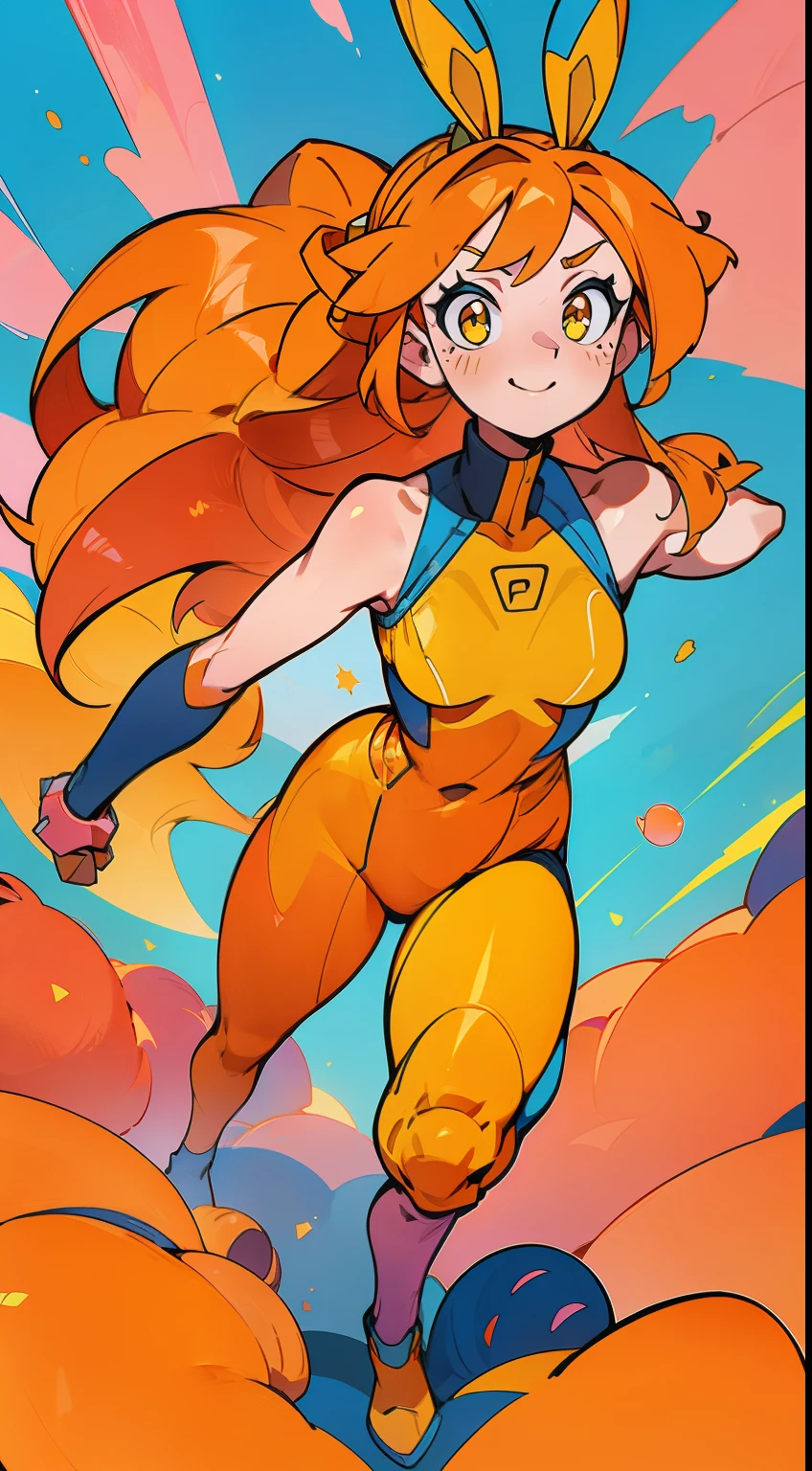 ((Best Quality)), ((Masterpiece)), ((Realistic)) tsuka kendou, 1woman, cute face, determined look, smile, long legs, full body, adult mature female (spiky orange-pink hair, (orange-pink mullet 1.1)), (long hair), bright cyan eyes, (yellow pupil,) hero, sleeveless blue spandex bodysuit, long orange-pink rabbit ears, colored concept art, highly detailed character design, highly detailed face, Vivid and colorful colors, Delicate lines