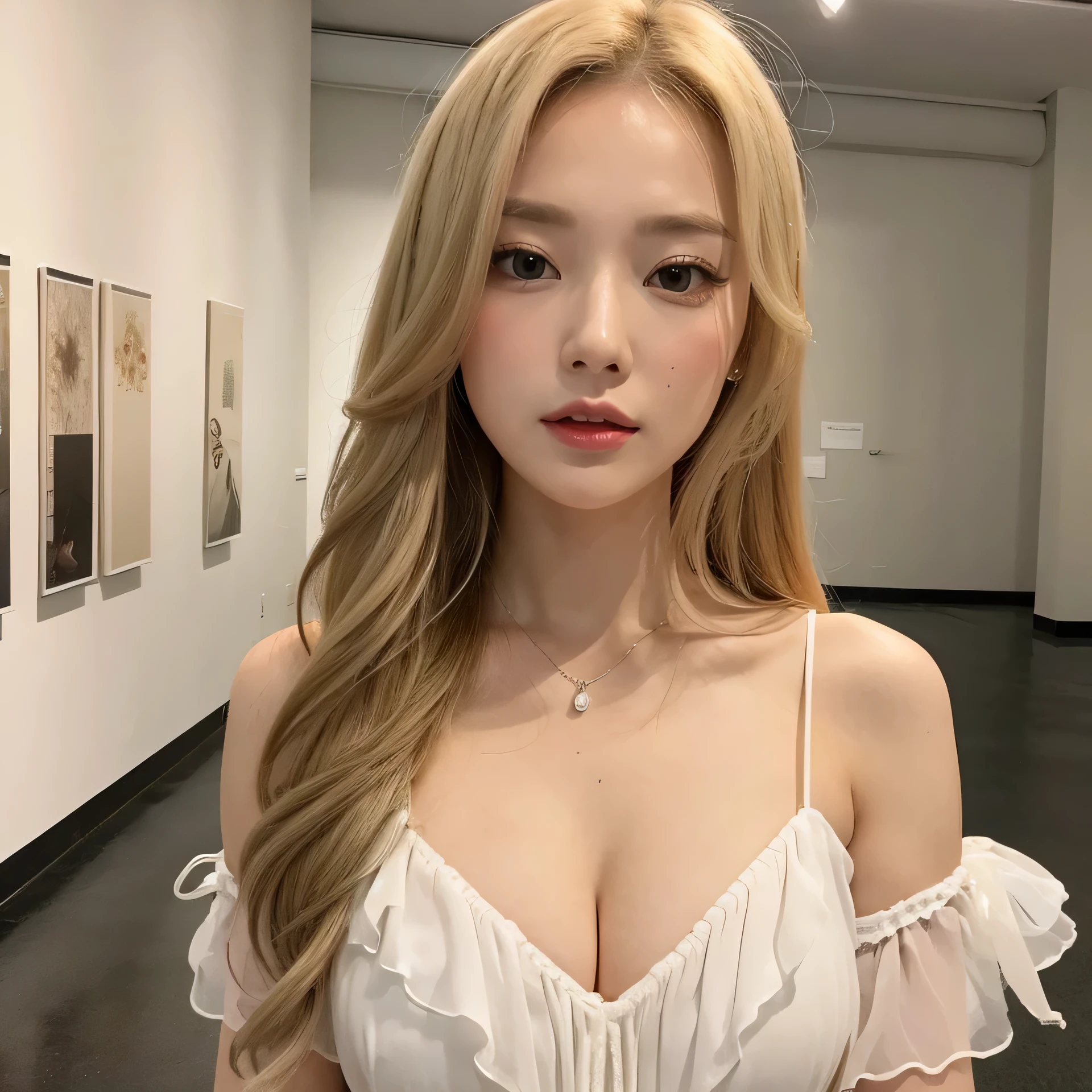 730717681 Only one woman, alone, blonde、Shining beautiful skin、big breasts、outstanding style, Chiffon blouse, art gallery, Sunny, highest quality, ultra high resolution