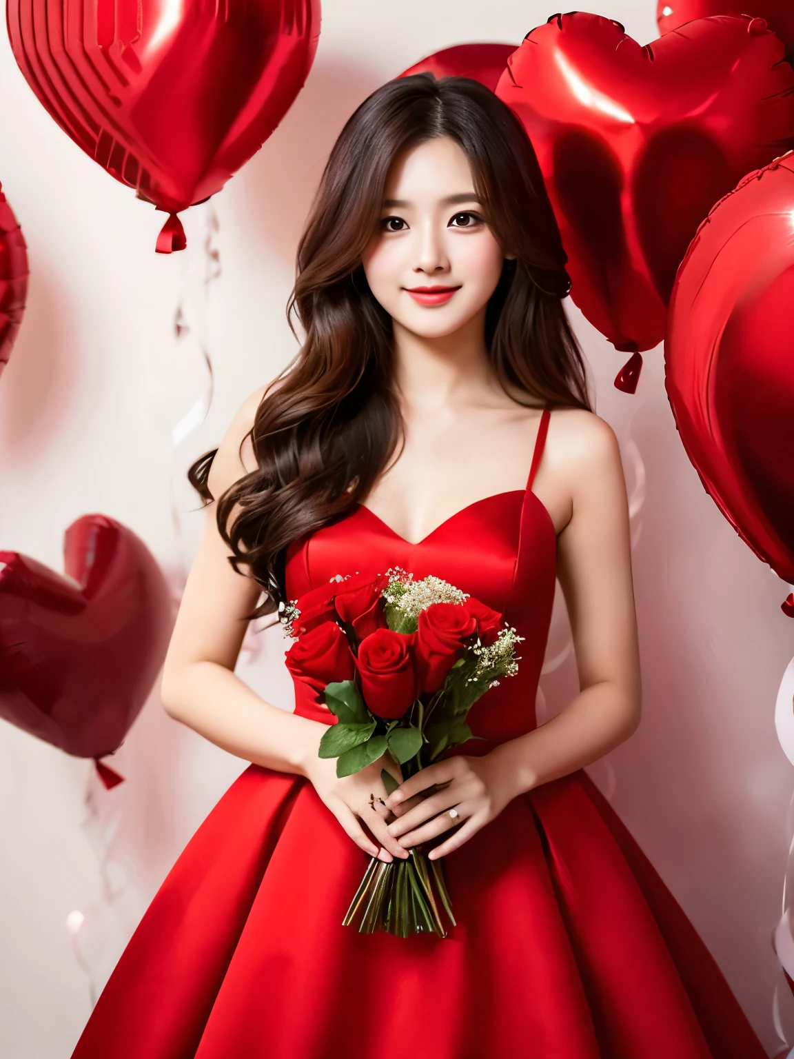 A woman in a red dress holding a bouquet of roses - SeaArt AI
