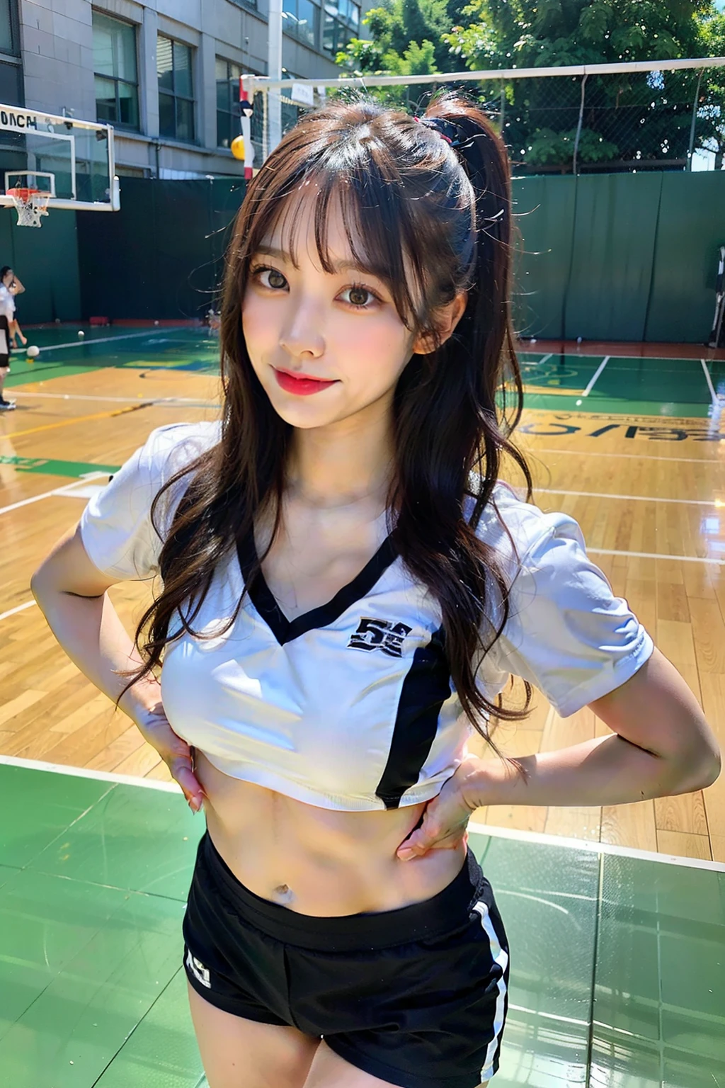 ((Lift your legs)),((Cheerleader)),((Cheerleader)),((Cheerleader)),8K、Detailed Description、非常にHigh resolution、Genuineistic、reality的、Genuine、Live Action、reality、High resolution、Nogizaka46、Japanese Idols,beautiful girl、 years old、Dark brown eyes、sunny、blue sky、ground、Raise one leg straight up、Hold the calf of the raised leg、(Underwear is visible)、Smiling whole body,Very black hair、pretty girl、beauty、Glowing Skin、Glowing Skin、Shiny Hair、Very white skin、Heavy makeup、Large Breasts、Long, narrow eyes、Big eyes、Dark brown eyes、double eyelid、Don&#39;Do not show your teeth、(cameltoe:1.3)