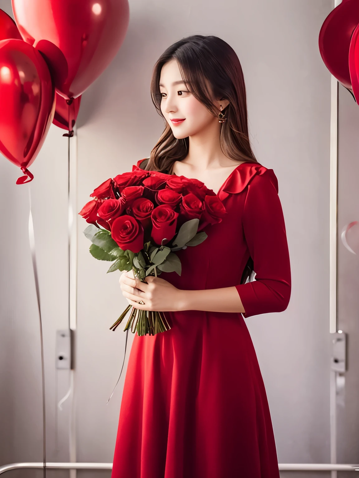 a girl is wearing beautiful long red dress cover with gray coat and holding red rose bouquet. She is standing in front of many heart-shape red balloons.