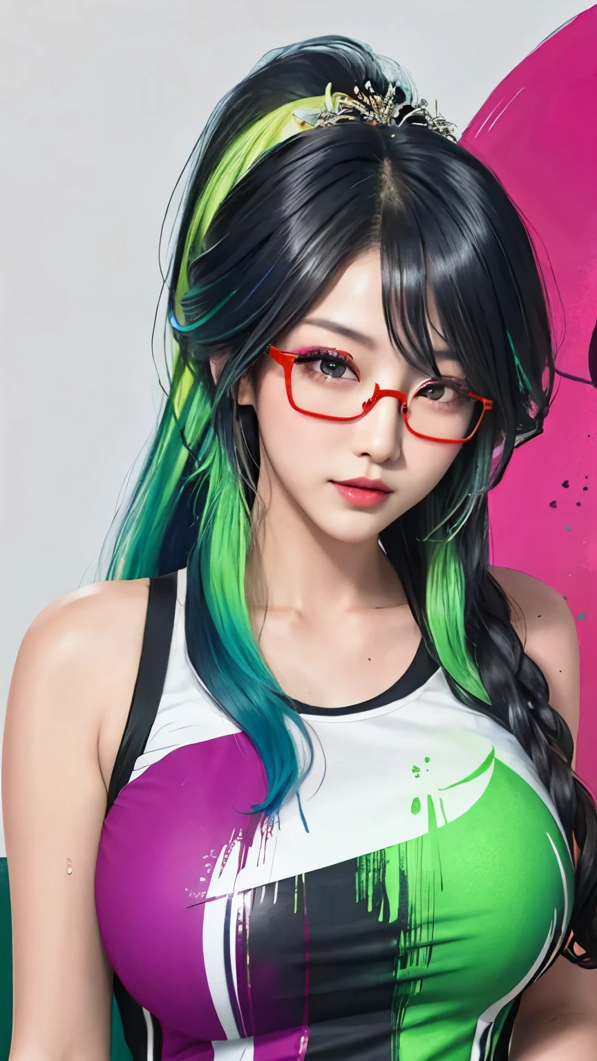 （masterpiece、best quality、high resolution），Colorful background，（（paint splatter，splash of color，splash ink、splash of color）），Sweet Chinese girl，Black hair and green hair, Long ponytail，Good-looking hair accessories，red glasses，Red Half-rimmed Glasses，huge ，pink lip gloss，upper part of body，The expression is fascinating，detail，emphasize，tear nevus，drenched in sweat