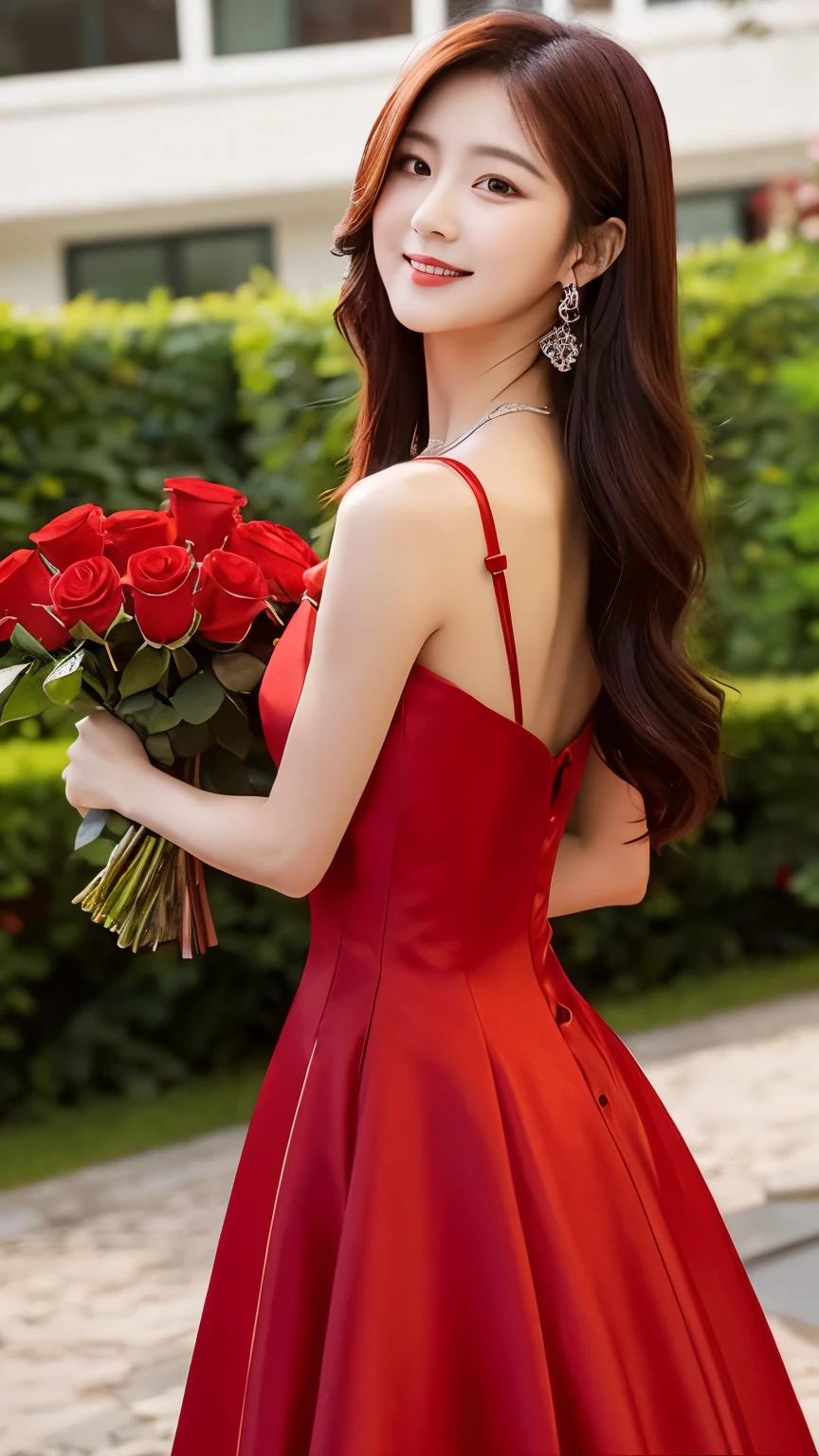 arafed woman in a red dress holding a bunch of red roses, lovely woman, red roses, with flowers, wearing red dress, red dress, elegant red dress, in a red dress, wearing a red dress, lovely, romantic dress, red, reds), hwang se - on, beautiful south korean woman, red floral dress, wearing red formal attire