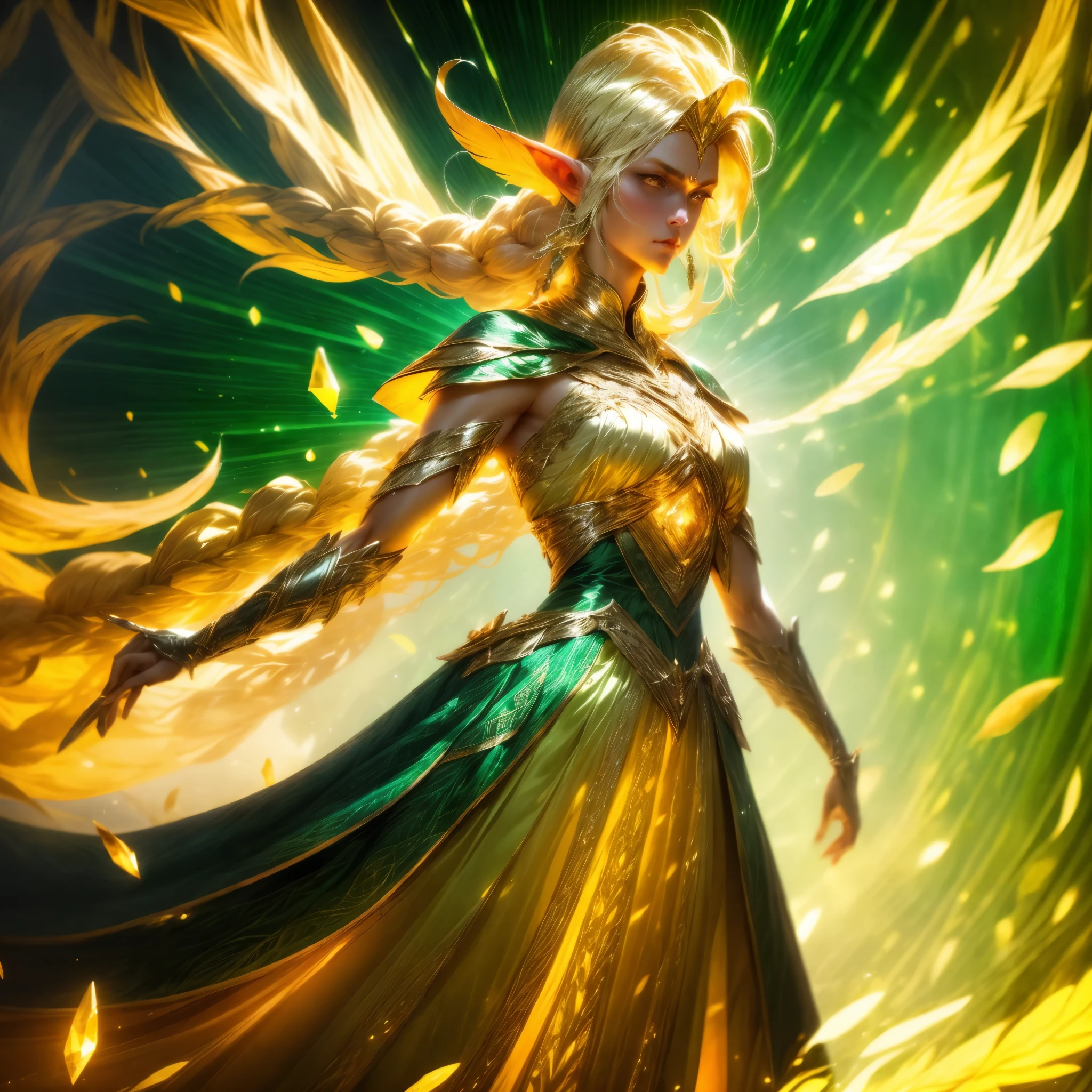 A woman blond tall elf bard wearing a long dark green and gold dress Standing in a mid-evil standing singing, long braid, glowing eyes, amber eyes, high detail, Suprematism, cinematic lighting, glowing light, Wide-Angle, masterpiece, ccurate, anatomically correct, textured skin, super detail, highres, award winning