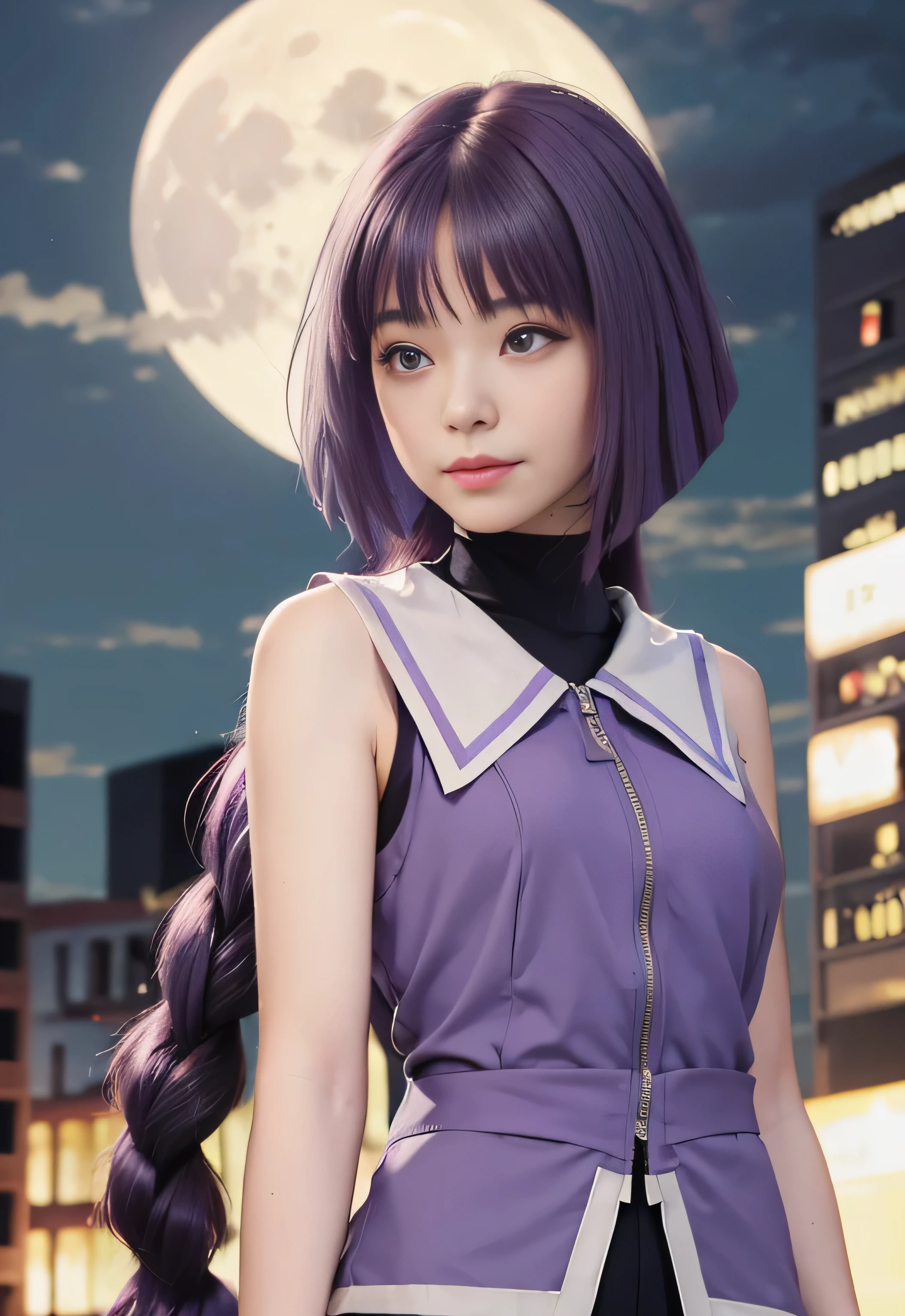 masterpiece, best quality, (realistic,photo-realistic:1.4), (RAW photo:1.2), extremely detailed CG unity 8k wallpaper, delicate and beautiful, amazing,finely detail, official art, absurdres, incredibly absurdres, huge filesize, ultra-detailed,extremely detailed eyes and face,light on face,(little smile),sumire kakei,(purple hair:1.4),(long hair:1.6),(city background:1.4),moon,night,(wearing sleeveless clothes:1.3)