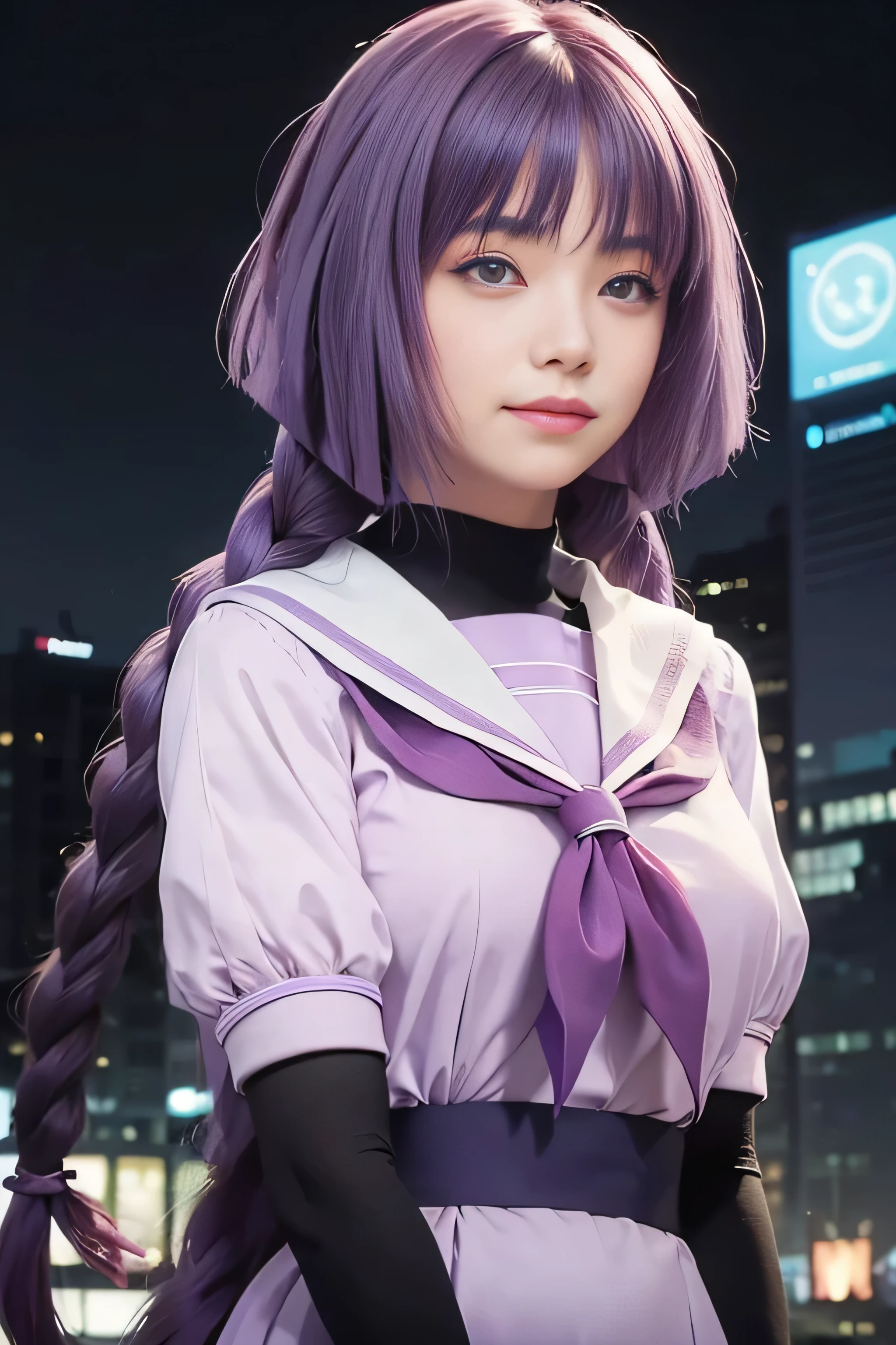 masterpiece, best quality, (realistic,photo-realistic:1.4), (RAW photo:1.2), extremely detailed CG unity 8k wallpaper, delicate and beautiful, amazing,finely detail, official art, absurdres, incredibly absurdres, huge filesize, ultra-detailed,extremely detailed eyes and face,light on face,(little smile),sumire kakei,(purple hair:1.4),(long hair:1.6),(city background:1.4),moon,night,(wearing sailor uniform:1.3)