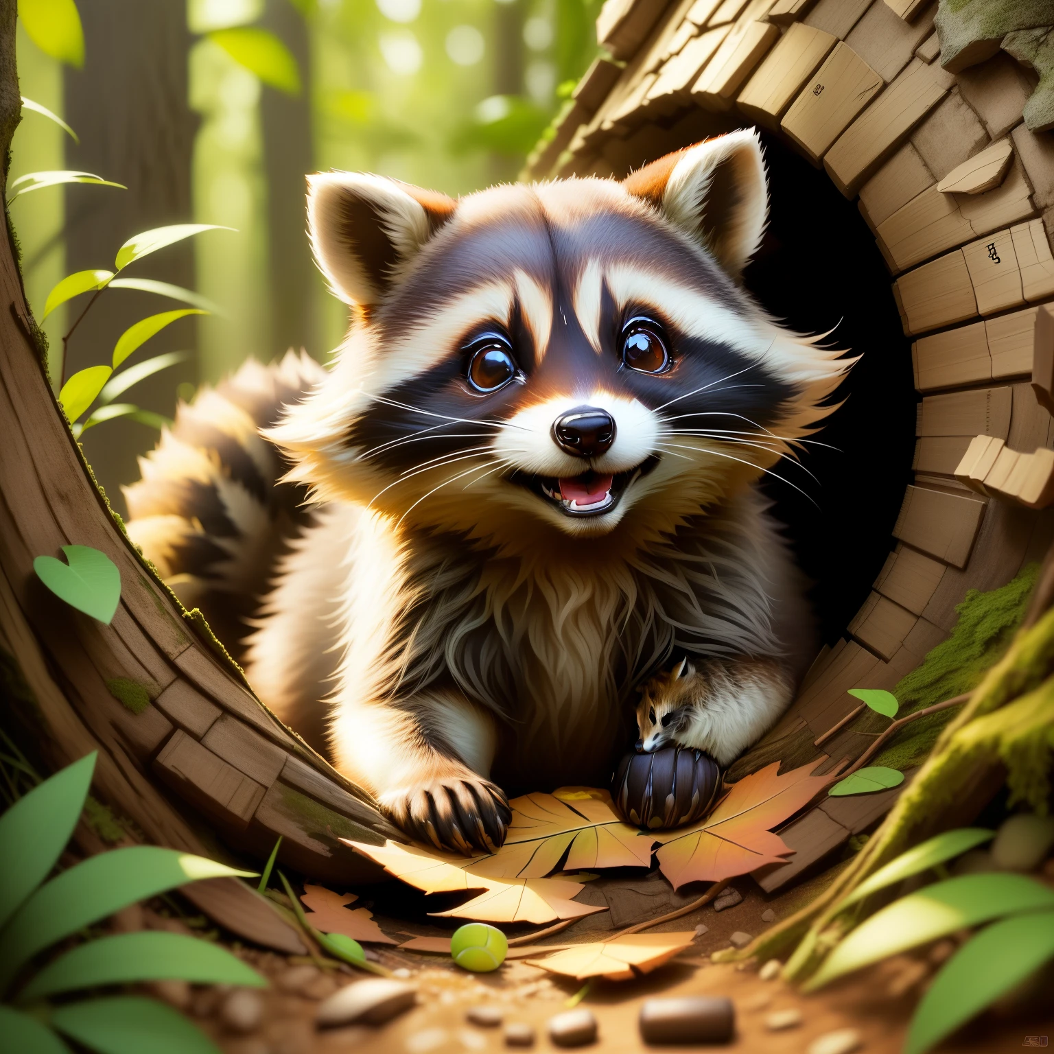 there is a raccoon dog that is looking out of a hole, Lovely numbers, Lovely and detailed digital art, raccoon, Lovely numbers艺术, raccoon dog, Lovely 3D rendering, anthropomorphic raccoon, &quot;Portrait of Cartoon Animal, extremely detailed raccoon dog, cute forest creatures, The numbers are very detailed, adorable animal, Realistic illustration, Surreal 3D illustration