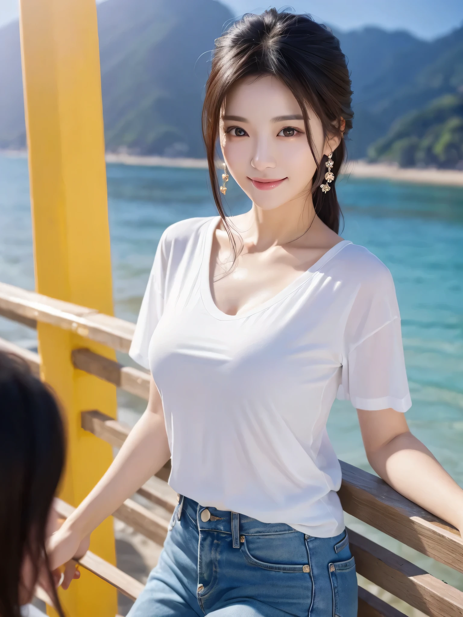 one attractive mature lady、((highest quality、8K masterpiece:1.3))、sharp focus:1.2、(super beautiful face:1.0)、(shiny skin:1.0)、realistic pictures、black haired、video writing、High resolution eyes and face、video writing、(cute korean actress)、from the front、beautiful breasts、smile、The beauty of slender abs、whole body、wearing a transparent T-shirt、on the beach at night
