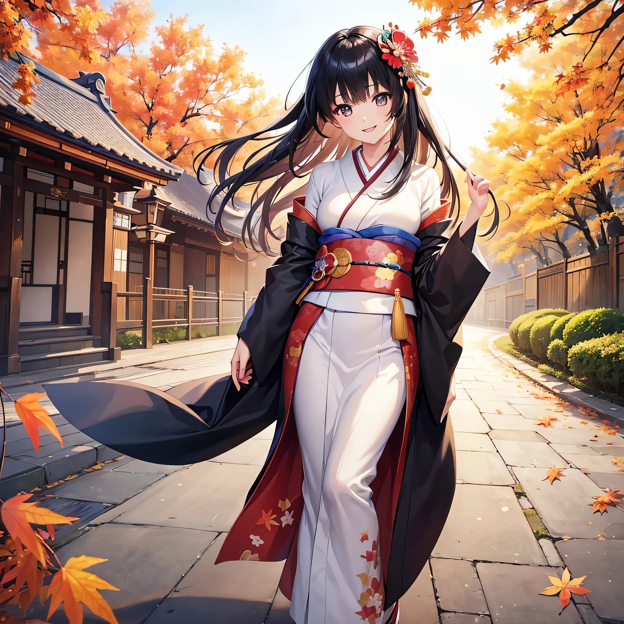 (Super beautiful woman in kimono)、((highest quality、8K masterpiece:1.3))、sharp focus:1.2、(super beautiful face:1.0)、(shiny skin:1.0)、realistic pictures、black haired、video writing、High resolution eyes and face、video writing、japanese actress、from the front、Medium chest、with a happy smile、wearing a kimono、under the autumn leaves、highest grade obi
