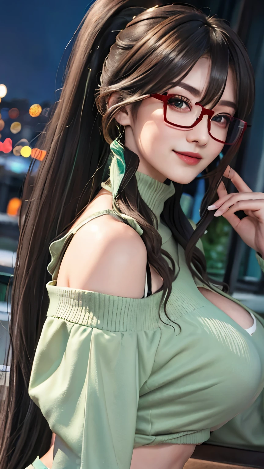 best quality，surface focus，look directly at the audience，soft light，（depth of field），ultra high resolution，（Realism：1.4），original photo，Big breasts，White clothes，open navel，bare shoulders，through bangs，Long ponytail hairstyle，灰黑色hair和绿色hair, Good-looking hair accessories，red glasses，Red Half-rimmed Glasses，huge ，（sportswear：1.4），（from the front）1 girl，solo，Lovely，（Shy，Smile：1.1），（light green eyes），Detailed beautiful face，（noon_hair）， huge moon at night，Walk，（off-the-shoulder shirts），