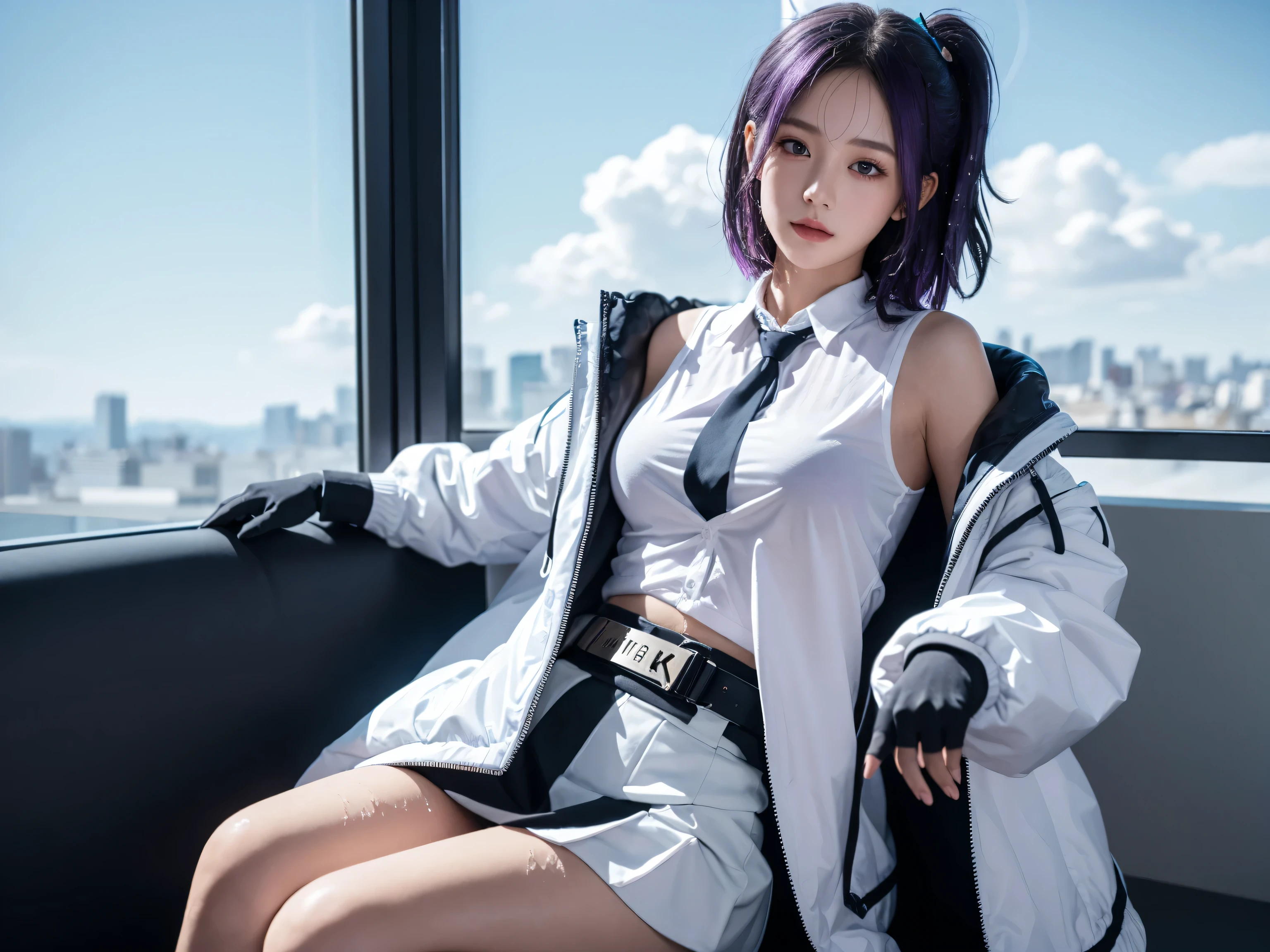 yuukadef, purple hair, white shirt, open jacket, collared shirt, halo, id card, long hair, sky, black gloves, cloud, hair ornament, pleated skirt, 1girl, two side up, white belt, parted bangs, blush, black skirt, open clothes, blue necktie, long sleeves, white jacket, looking at viewer, shirt, belt, solo, purple eyes, ((Best quality, 8k, Masterpiece :1.3)), Sharp focus :1.2, A pretty woman with perfect figure :1.4, Slender abs :1.2, ((Layered haircut, Big breasts :1.2)), (Wet clothes, Wet body :1.2), Highly detailed face and skin texture, Detailed eyes, Double eyelid,