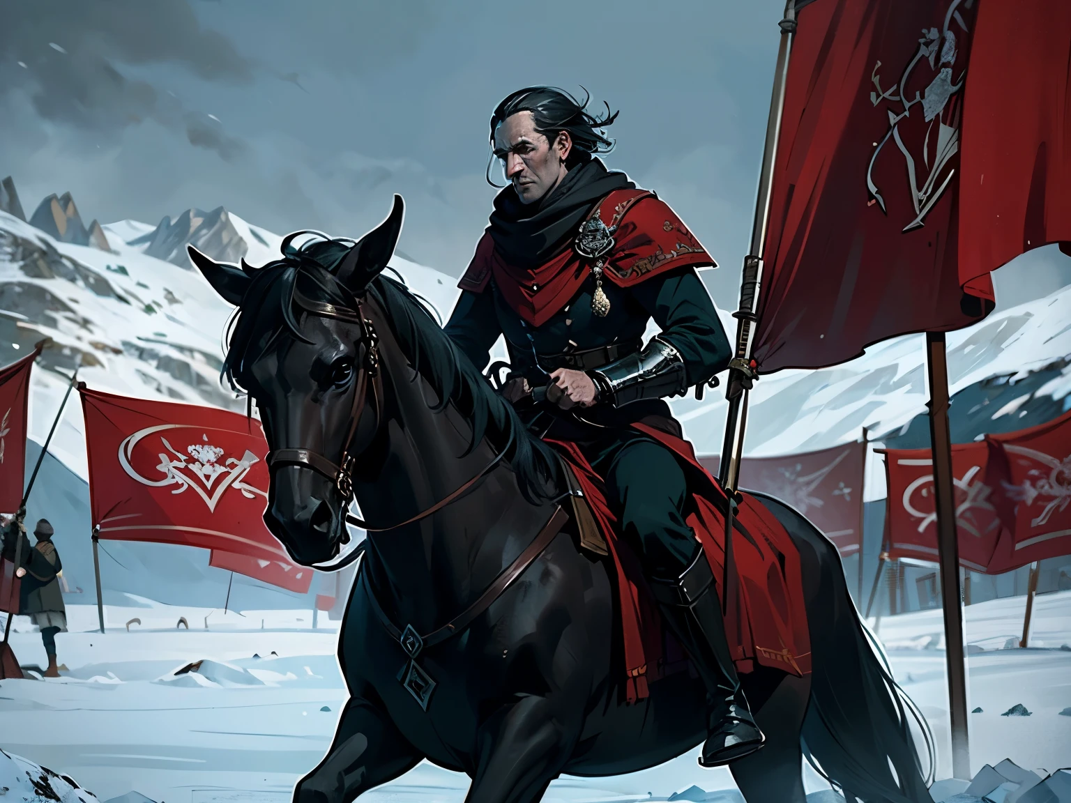 ((obra de arte)), ((melhor qualidade)), ice country, army marching in the snow, 100 soldiers holding spears with red flags, their armor is black with decorations in red tones, capacetes negros com adornos de corvo, emblemas com a figura de corvo, nevasca caindo, j.r.r tolkien, h.p. lovecraft.