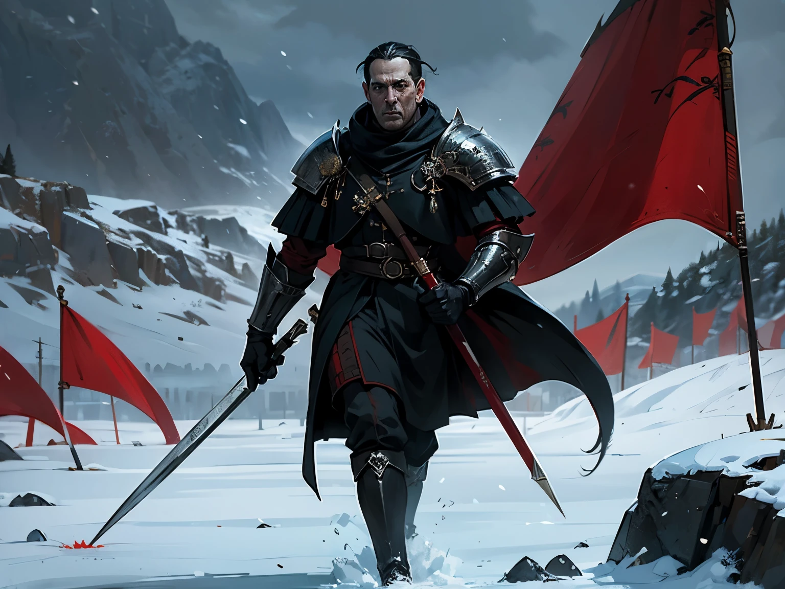 ((obra de arte)), ((melhor qualidade)), ice country, army marching in the snow, 100 soldiers holding spears with red flags, their armor is black with decorations in red tones, capacetes negros com adornos de corvo, emblemas com a figura de corvo, nevasca caindo, j.r.r tolkien, h.p. lovecraft.