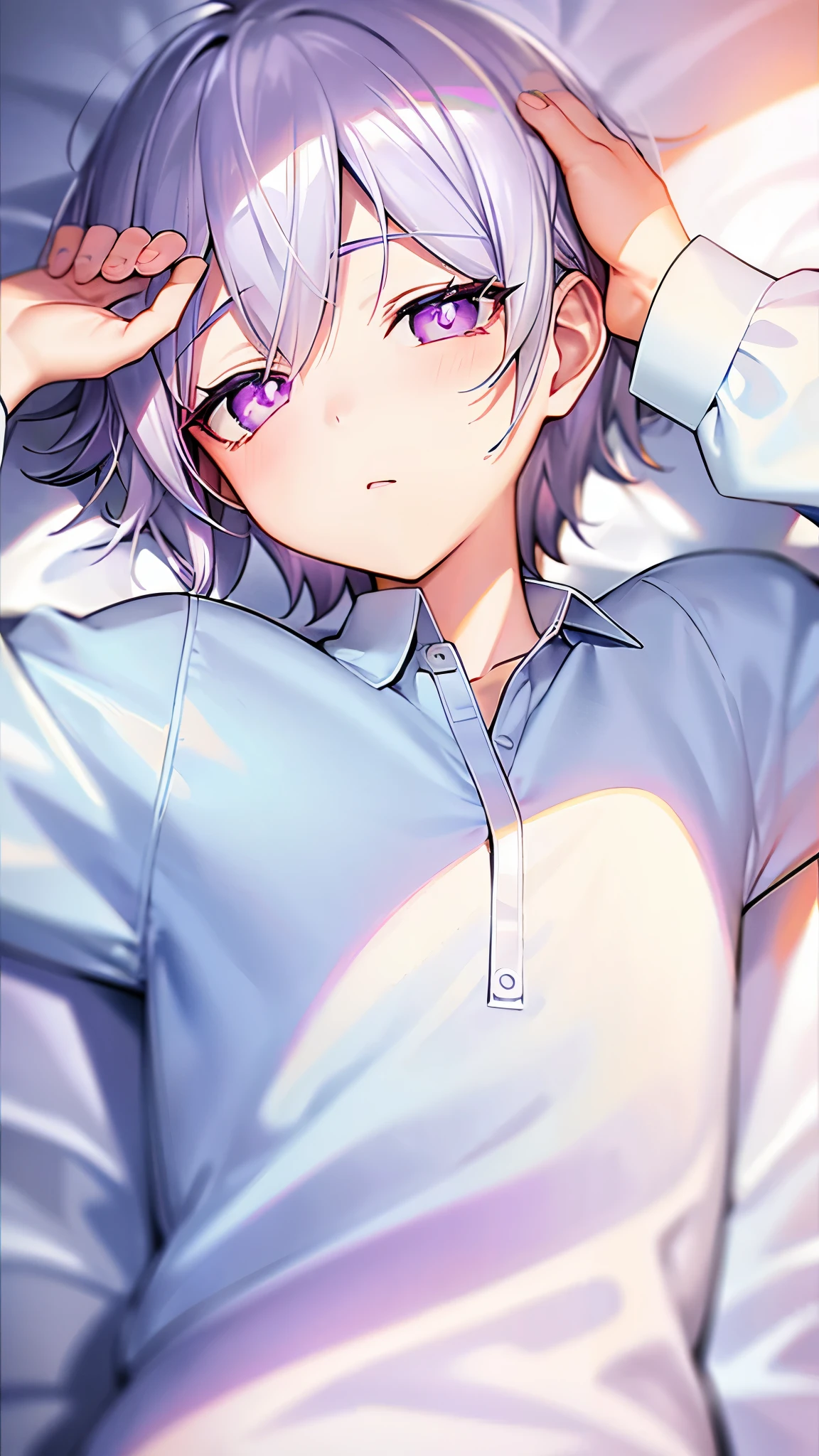 silver hair, short hair, violet eyes, white shirt, sleeping 