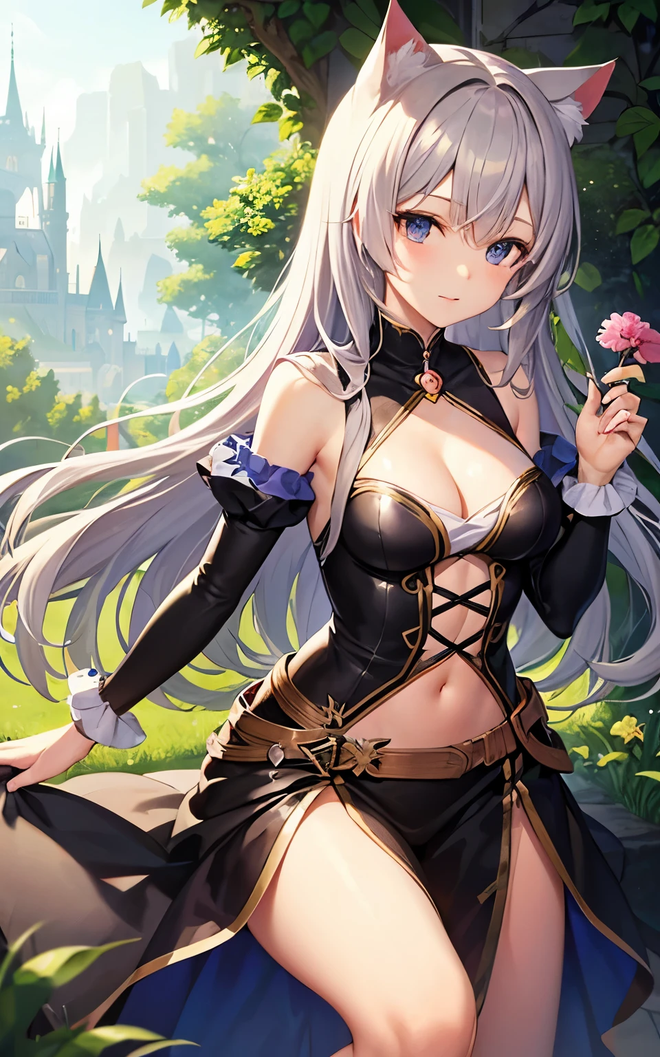 best quality, cute cat ears girl, Cute fantasy world lightly dressed, fantasy world, smooth skin,