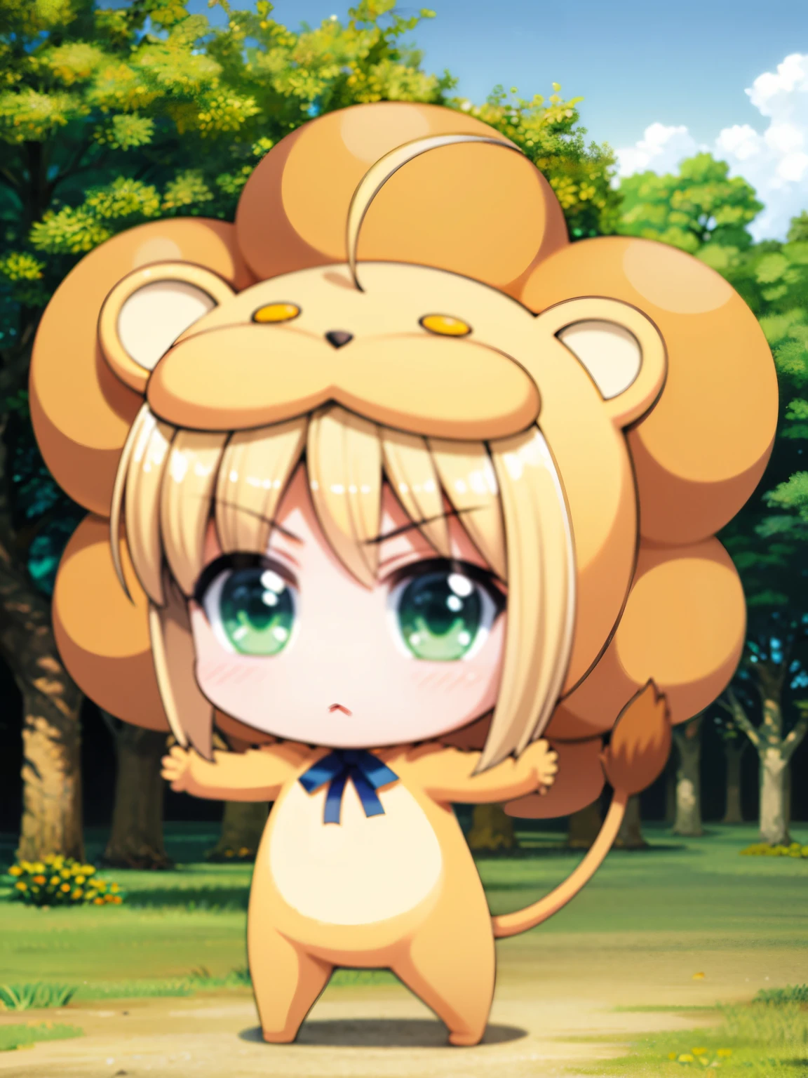 A chibi character, with short blonde hair, green eyes, an innocent expression, wearing lion pajamas and a lion cosplay; this character is Saber from the anime Fate / Stay Night in chibi form.