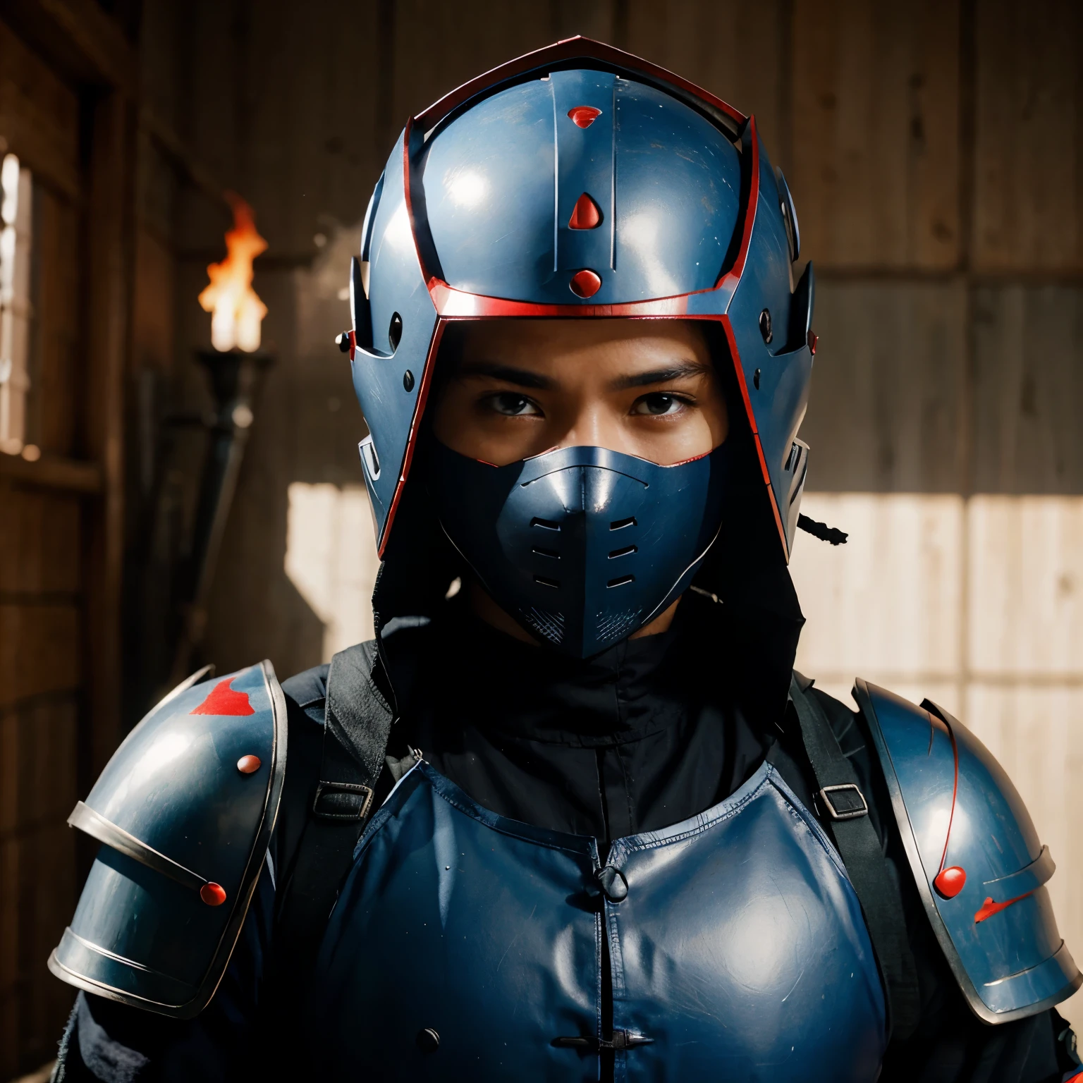 Samourai Armor helmet masked Daymio Drake fire blue red