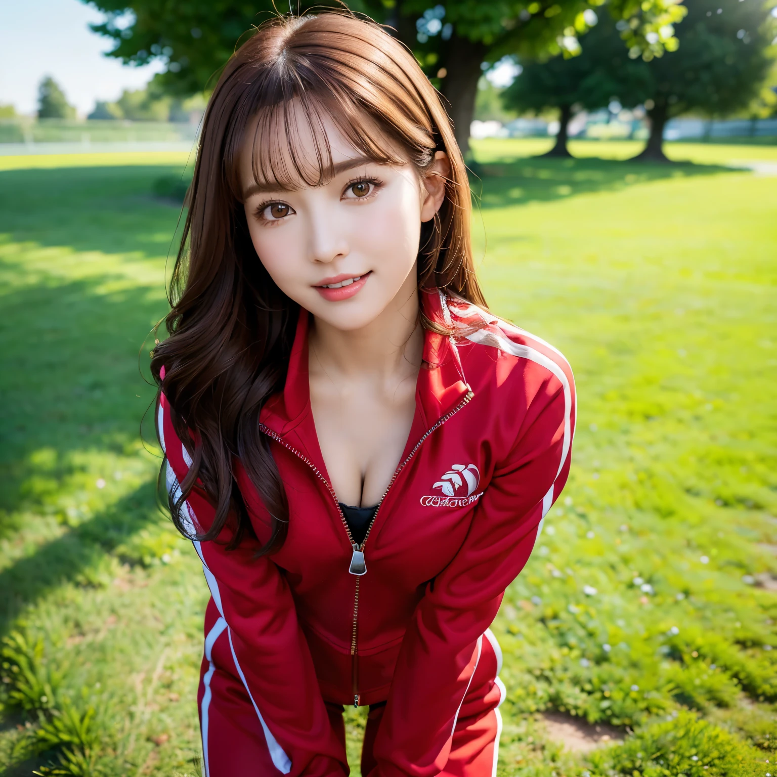 (highest quality、table top、8K、best image quality、Award-winning work)、one beautiful woman、Shining beautiful skin、(the most stylish red tracksuit:1.2)、(Opening the jersey zipper reveals a small cleavage:1.3)、(The most natural and perfect tracksuit:1.2)、Shining ultra-high definition skin、(accurate anatomy:1.2)、A gentle smile looking at me、(photo from the chest up:1.1)、(close up of face:1.05)、Standing gracefully、(Blurry high school ground background:1.2)、portrait photography、(draw softly and smoothly:1.1)、(very bright and vivid:1.1)、very romantic、光を受けてShining beautiful skin、(very bright and refreshing:1.1)、(the most detailed and perfect face:1.1)、(most detailed glowing eyes:1.1)、(beautiful and moisturized skin:1.1)