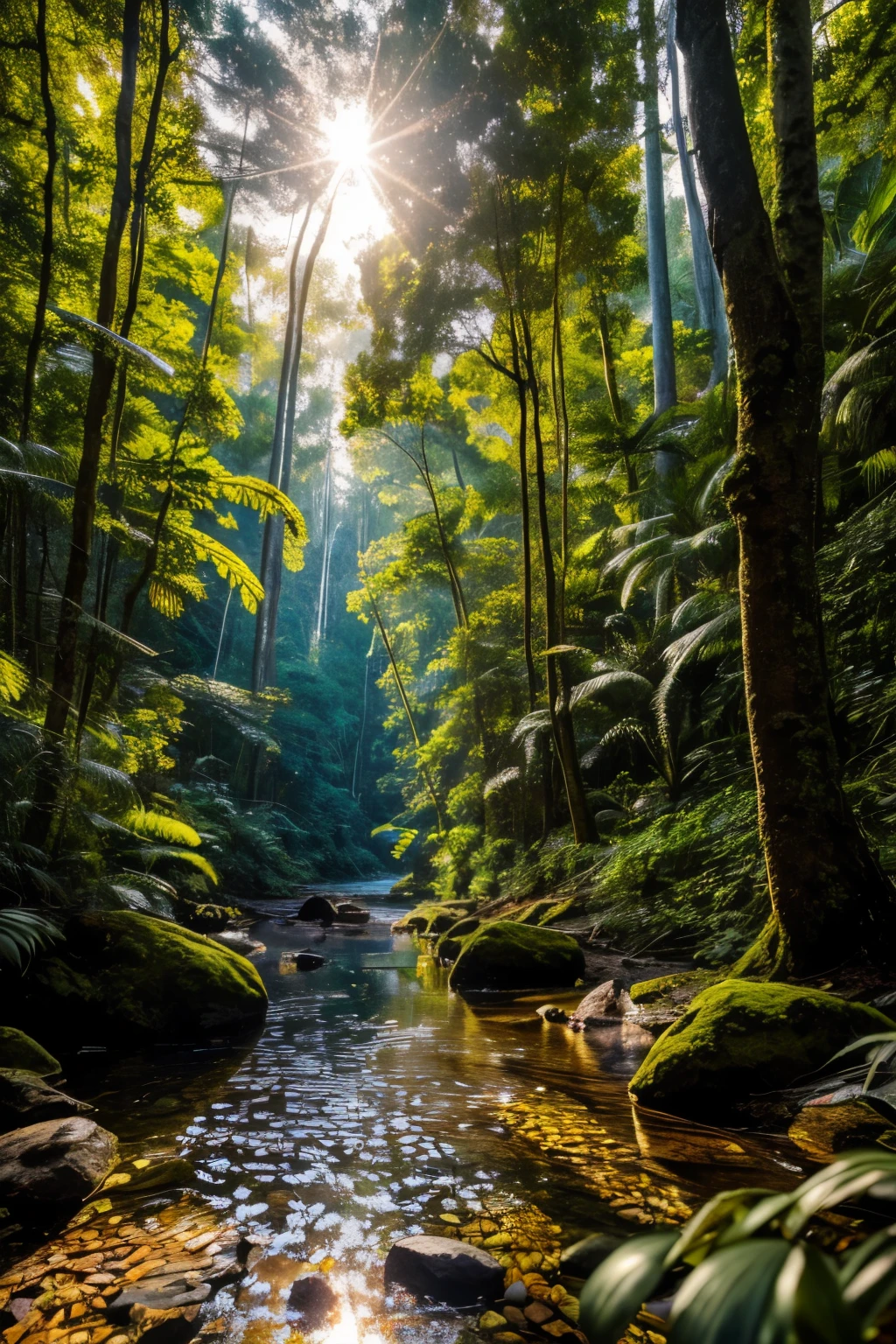 (RAW style, masterpiece, best quality, ultra-detailed), tropical forest landscape, vibrant greens and rich colors, sun setting behind the trees, golden light filtering through, intricate details in tree bark and foliage, clear and crisp water reflections, film grain texture, accurate representation of each element, hyperrealistic, cinematic depth, soft focused foreground with sharp background, (mist effects), (intricately textured), (high saturation : 1.1), (high contrast : 1.1), (masterpiece), (best quality:1.0), (ultra highres:1.0), (subtle ambient lighting), (realistic shadows