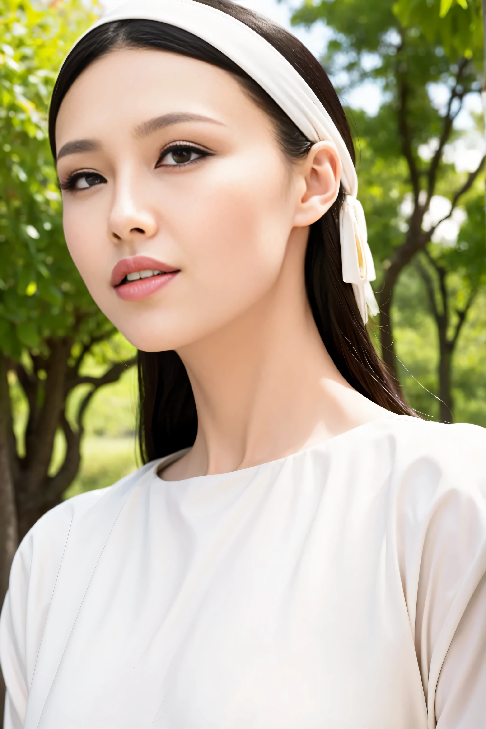 Fashion model 20 years old [[[[close up]]]], [[[[neck]]]], [[[[Shoulder]]]], perfect eyes, perfect iris，perfect lips，perfect teeth，perfect skin，White skin，Soft headlight，High density imaging review，long black hair，（Face is clear and delicate），white casual wear，The background is outdoor，green trees and grass，best quality，masterpiece，(((whole body image))),（pastel colors：1.2）