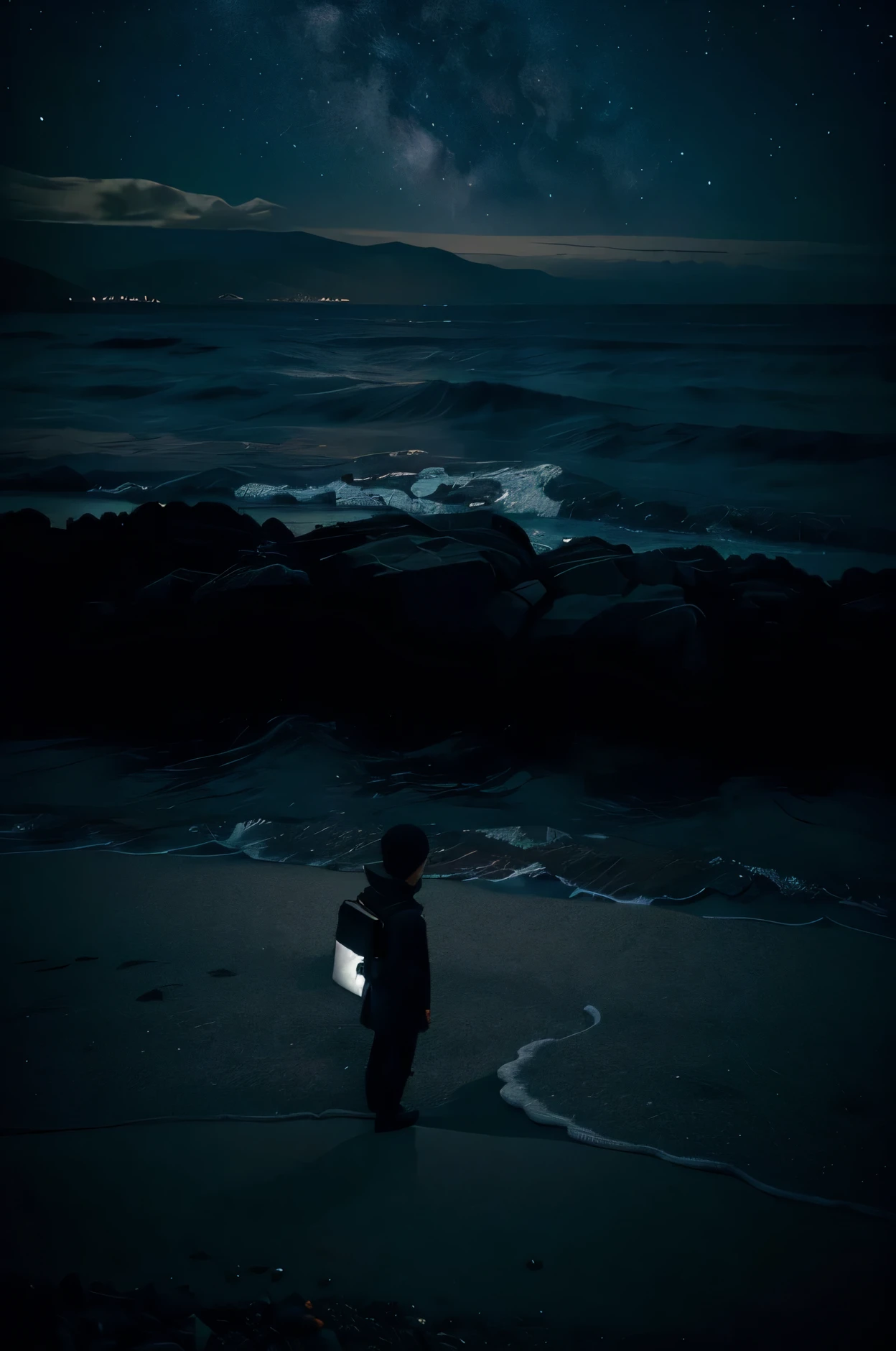 I want an image of a dark sea with different shades of black that is connected to a slightly less dark mountain and on the edge of that sea to a boy with a notebook looking at this sea of darkness and ignoring the starry sky  
