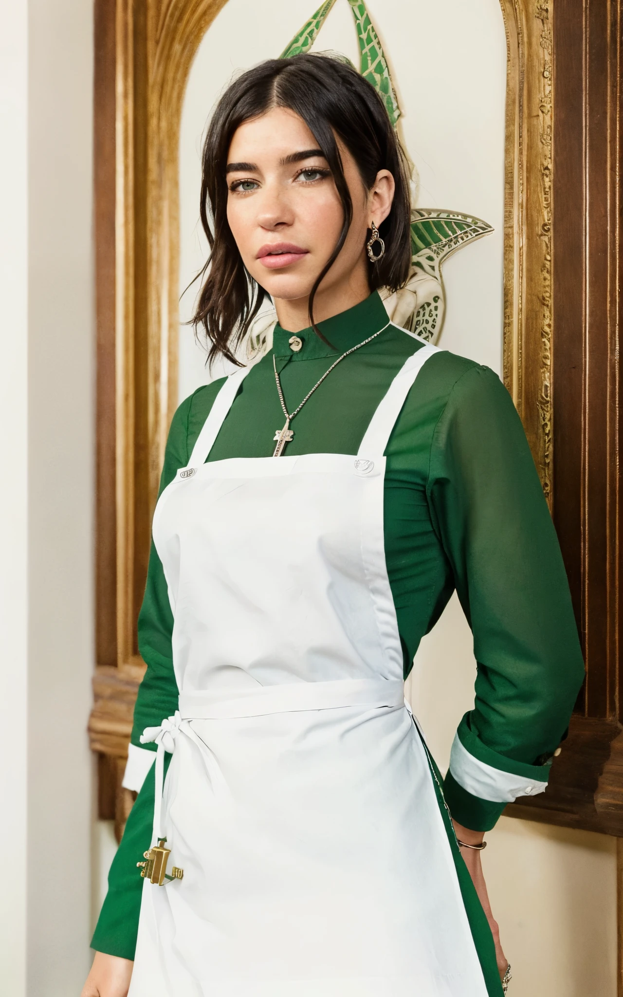 (Dua Lipa:Evangeline Lilly) waitress, ((white apron)), ((green shirt)), 1920 style, masterpiece, Lovecraft atmosphere, (pendant of a key), hyperdetailed, ((rule of thirds))