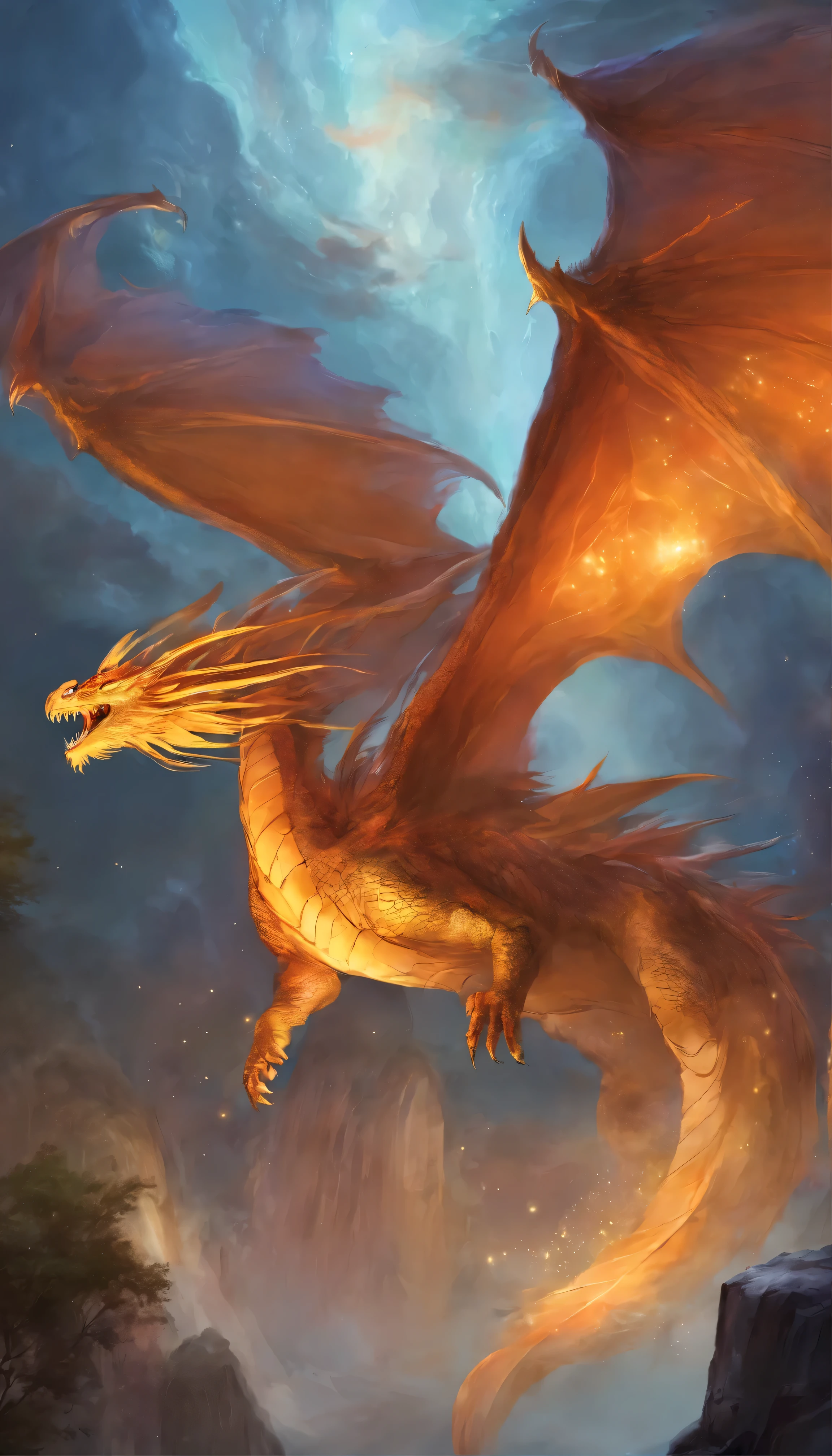 Majestic wings in furious flight,
The dragon's might, a celestial sight.