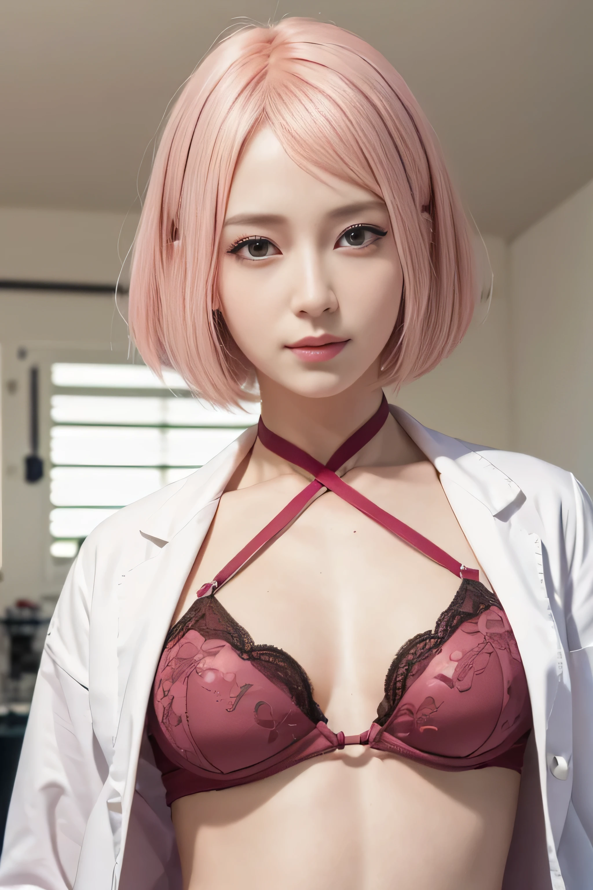 (8K, Best Quality, Masterpiece: 1,2), (Real, Photoreal: 1.37), Super Detail, One Girl, ), (Very Detailed), (Beautiful Detailed Eyes), (Top Quality) , (super detailed), (masterpiece), (detailed face), 20 years old, 1 girl, full body, pink hair, very short hair, medium breasts, fully clothed, perfect lighting, pussy and breasts Focus on, looking at viewer, pressing chest, grabbing own chest, doctor, chest, cleavage, stethoscope over shoulder, white coat: 1.5, aroused face, naughty face,