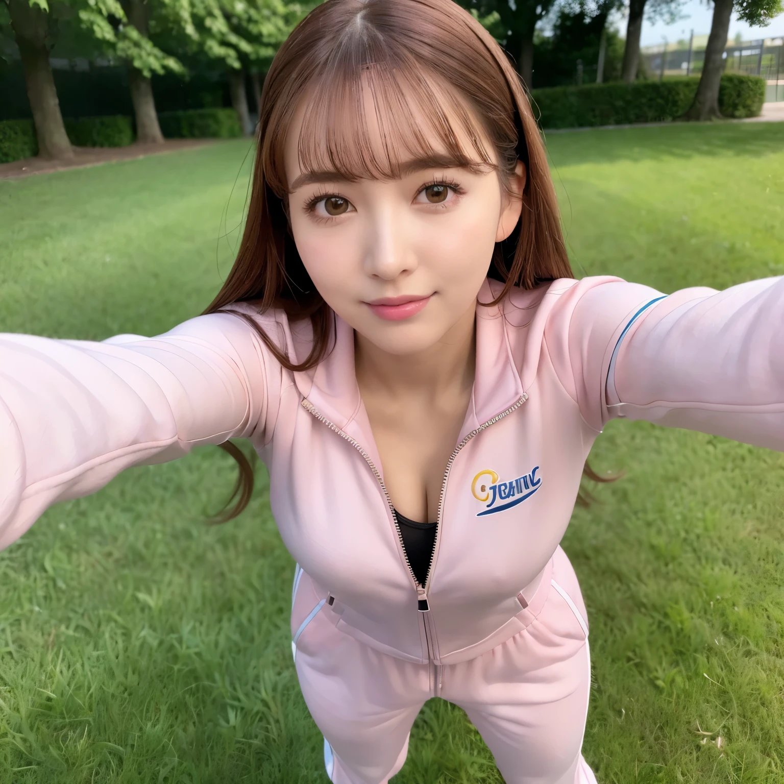 (highest quality、table top、8K、best image quality、Award-winning work)、one beautiful woman、Shining beautiful skin、(the most stylish pink tracksuit:1.2)、(Opening the jersey zipper reveals a small cleavage:1.3)、(The most natural and perfect tracksuit:1.2)、Shining ultra-high definition skin、(accurate anatomy:1.2)、A gentle smile looking at me、(close up of face:1.3)、(close up of face:1.05)、Standing gracefully、(Blurry high school ground background:1.2)、portrait photography、(draw softly and smoothly:1.1)、(very bright and vivid:1.1)、very romantic、光を受けてShining beautiful skin、(very bright and refreshing:1.1)、(the most detailed and perfect face:1.1)、(most detailed glowing eyes:1.1)、(beautiful and moisturized skin:1.1)