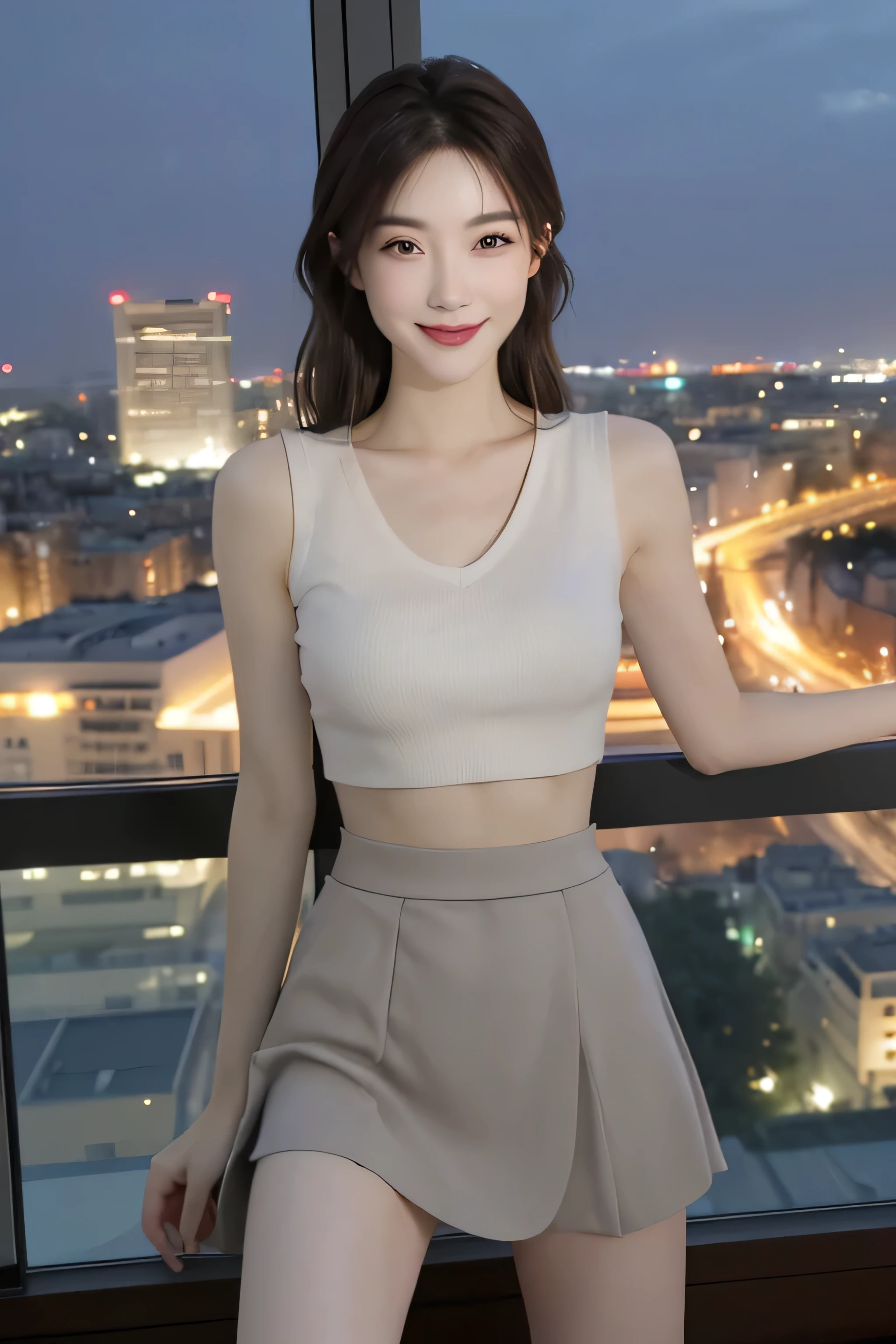 best quality，masterpiece，ultra high resolution，（realistically：1.4），1 girl，Raised sexy，medium breasts，，White cropped vest，gray skirt，beautiful eye details，eyelash，beautiful double eyelids，eye shadow，Lower your eyes，cut off eyes，Slender and beautiful thighs，beautiful thin legs，perfect eye makeup，（（Smile，Squeaky look，Express）），High-rise hotel， Night view from the window， brown hair，