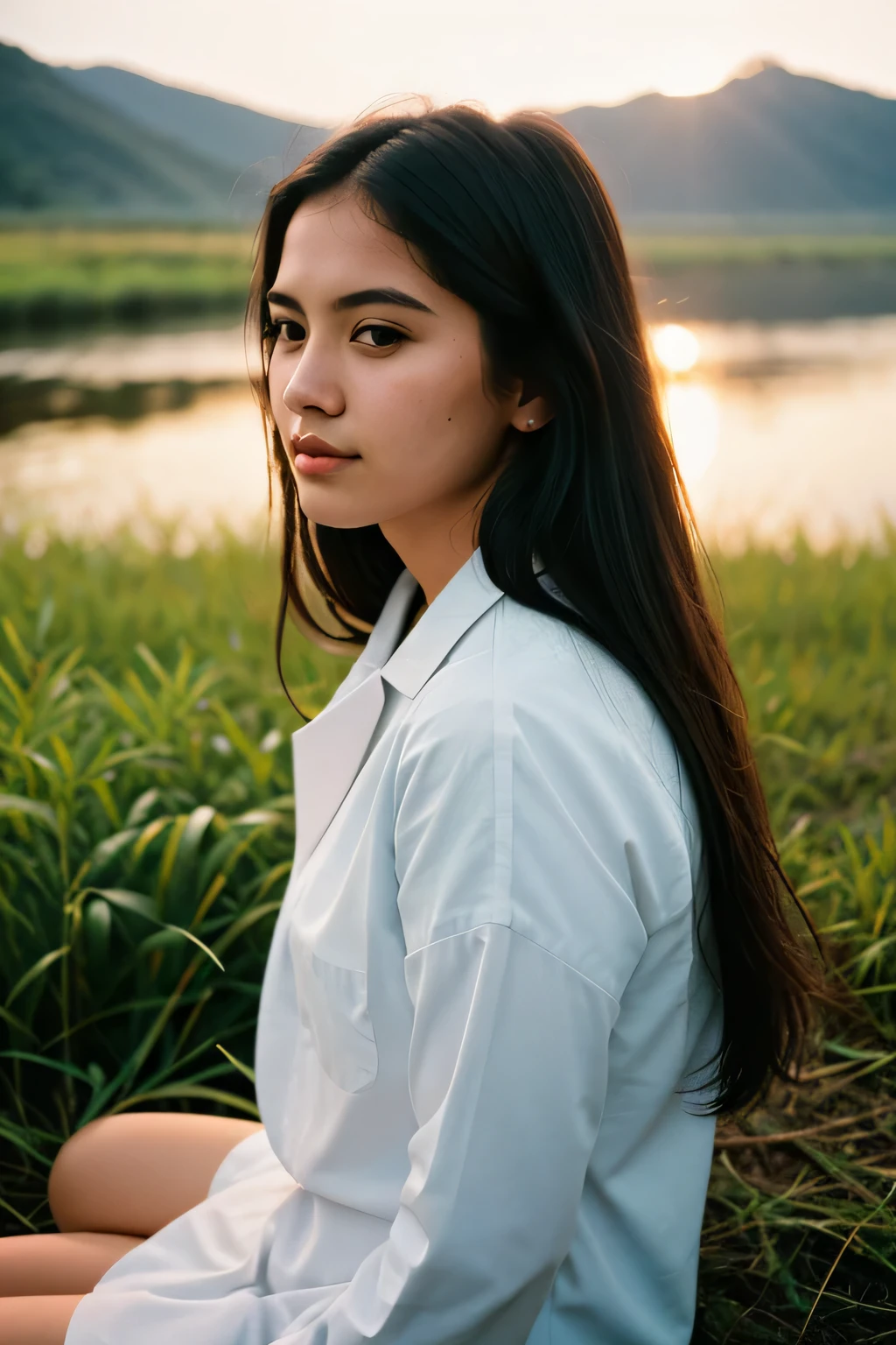 Young female doctor with black and blue long hair, Hyperrealism 8K photography, ultra-rendered details, Sitting in a lotus field against the backdrop of dawn, (sympathetic expression on his face), ultra-textured leather, goosebumps, cute plump lips, face, Directed to the camera, full face profile, the sea evokes a sense of wonder and awe, Beautiful eyes, ((hard light: 1.4)), Velvia color 100, shot on CineStill 800T, Hips, sharp focus on the subject, photo by Manuela Marquez