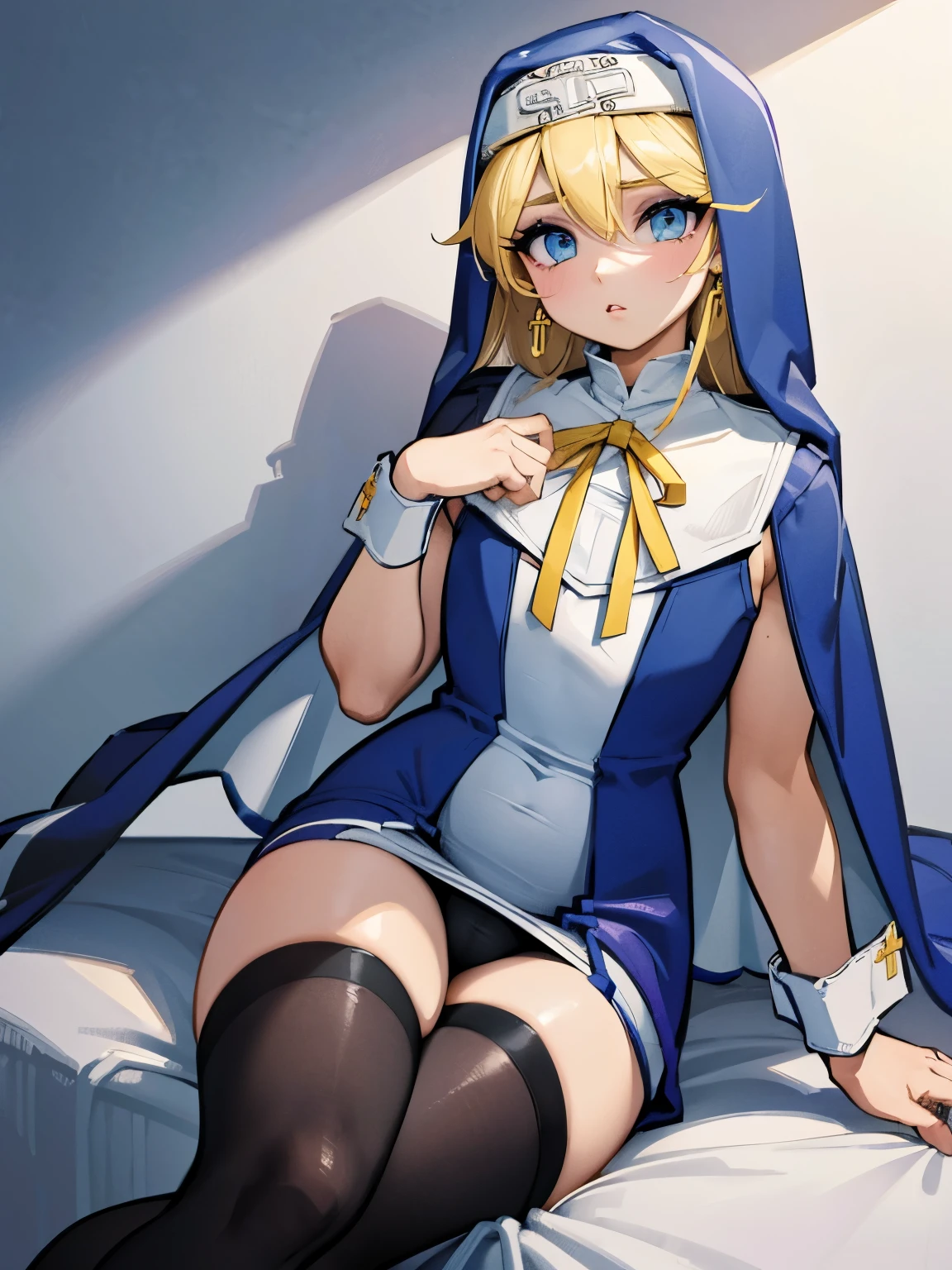 (papel de parede CG Unit 8K extremamente detalhado),(obra de arte), (melhor qualidade), (ultra-detalhado), (Melhor ilustração),(melhor sombra), (delineador afiado, sombra, olhos detalhados:1.1),, 1boy, blonde hair, blue eyes, bra, clothed, crossdressing, earrings, eye, makeup, eyelashes, eyeshadow, femboy, habit, heart, heart-shaped pupils, light skin, lipstick, makeup, male, male focus, male nun, male only, nipple piercing, nun, nun's habit, otoko no ko, purple eyeshadow, purple lipstick, revealing clothes, sitting, skimpy, skimpy clothes, solo, thigh highs, thighhighs, underwear