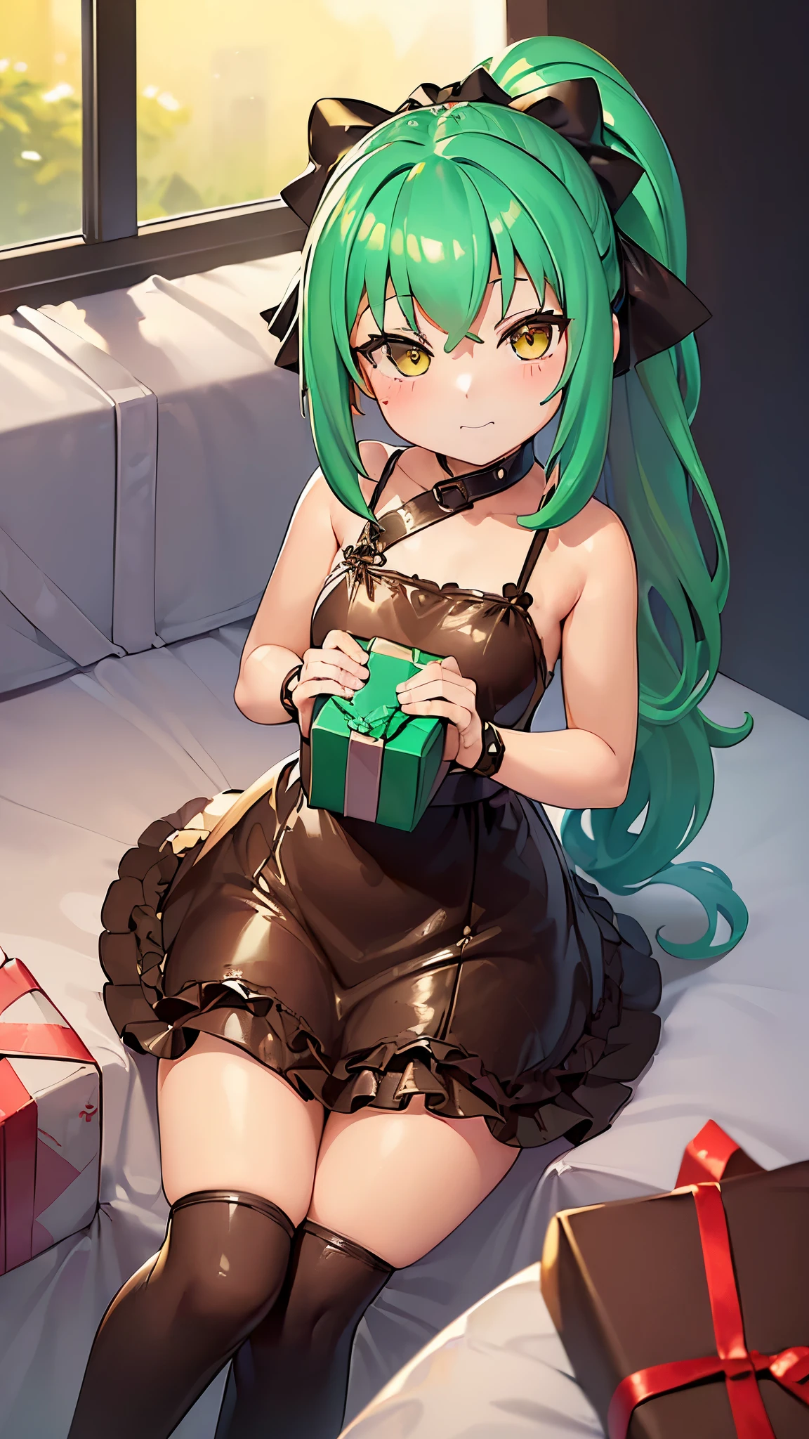 ((photorialistic nendoroid:1.3)), ((give Chocolate sweets gift wrapping present wrapped in wrapping paper to other)) (a ponytail green hair long hair cute girl, 14 yo, cute yellow eyes, love smile, blushing, in a cute dress), break, perfect ???????, masterpiece:1.2, best quality, 8k, beautiful detailed grow, daydreaming expression.