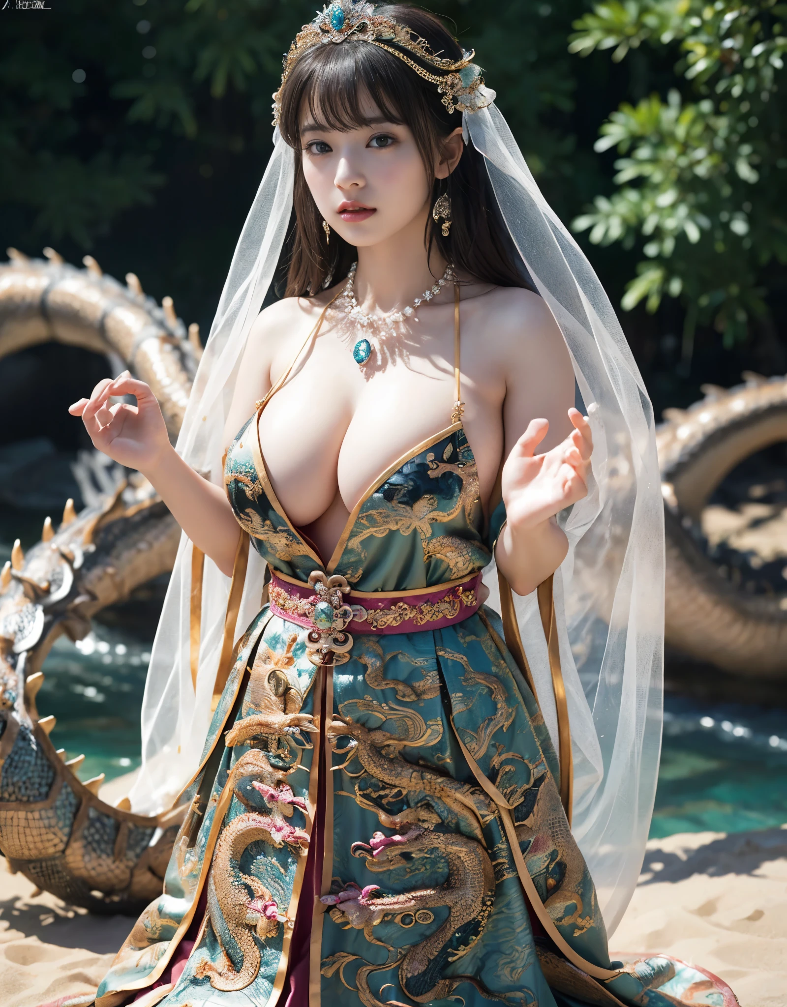 (extremely heavy breasts)、highest quality、masterpiece、ultra high resolution、（pink dragon armor）、(((Metal製))),(((big breasts)))、(((Detailed revealing pink micro bikini))),(she wears a beautiful crown made of precious stones.),(Photoreal:1.4)、RAW photo、1 girl、(((random hair))、(((color々take a pose)))、glowing skin、(((black chinese dragon)))、intricate and gorgeous hair ornaments、（Looks like a gorgeous jewelry necklace）、（someone who looks at you calmly, Eyes like a goddess.）happiness:1.2).((beautiful sea background))、cliff、(ruins background)、((Super realistic details))、portrait、global illumination、（sexy pose）、Shadow、octane rendering、16K、big breasts、Raw skin exposed in the cleavage、Metal、intricate decorative details、Japan details、very intricate details、realistic light、CG Society Trenlow Eyes、Eyes shining towards the camera、（veil）、(((heavy big))),Shining eyes shine、armpit、24K,