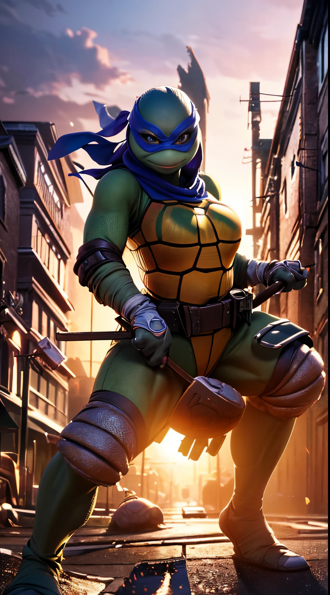 masterpiece, (1girl, female, female turtle, femine:1.35), (absurdres, high quality, detailed), (solo), illustration of a TMNTLeonardo, a age mutant ninja turtle with a blue bandana mask with eye-holes, atmospheric, lighting, Octane Render, highly detailed, intricate detail, (destroyed town background, action pose:1.25), (nsfw:0.5)
