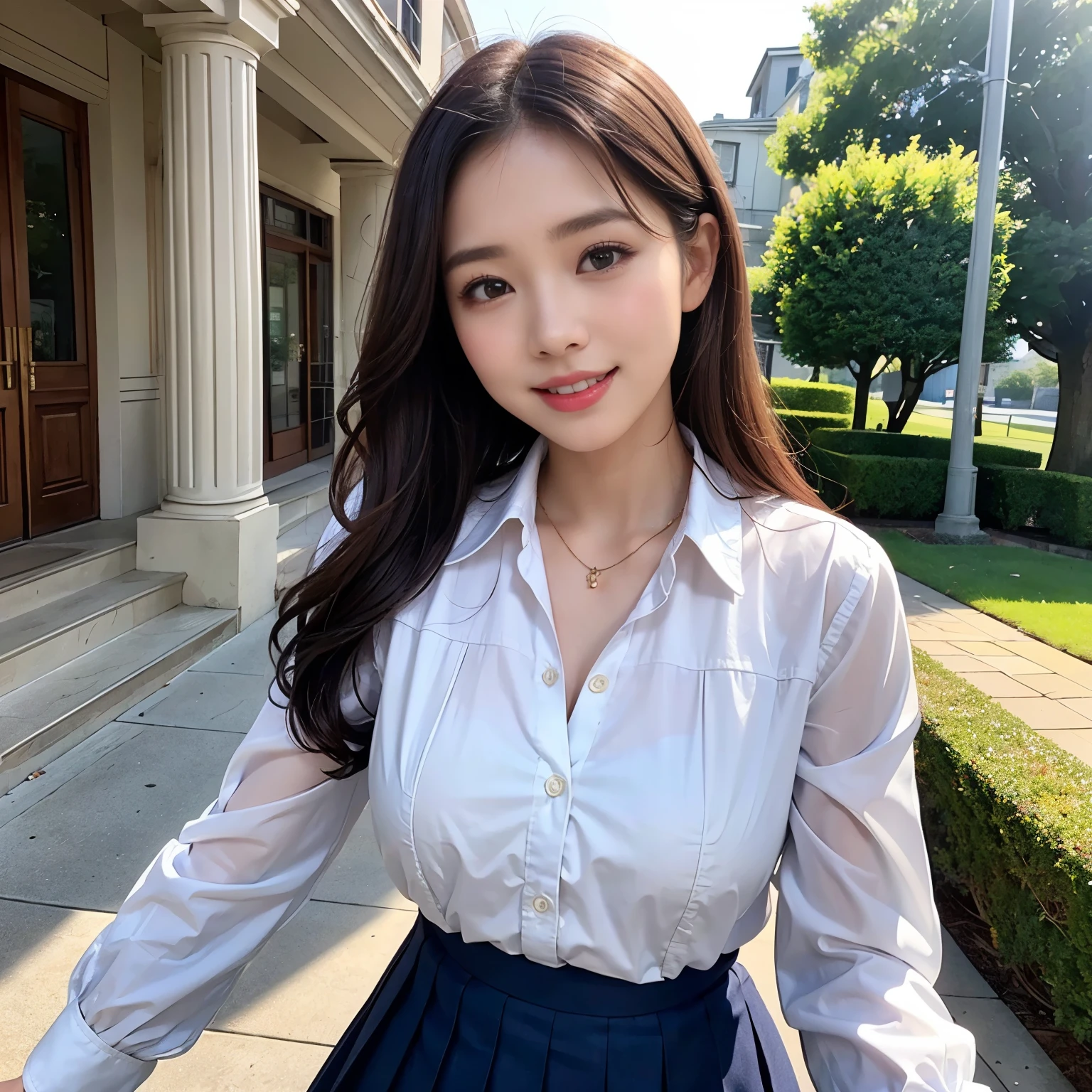 (masterpiece、highest quality、ultra high resolution、8K)、(1 very cute 14 year old girl:1.1)、(Perfect composition where the girl fits neatly into the frame:1.1)、thin waist、thin、naive girl、(perfect anatomy:1.1)、(wavy hair:1.1)、(big breasts:1.1)、emphasize the bust line、(high school white shirt:1.1)、(navy pleated skirt:1.2)、(Uniform ribbon that fits perfectly on the chest:1.1)、(Beautiful glowing skin:1.1)、Moist eyes、classy beautiful lipstick、perfect makeup、long eyelashes、elegant and beautiful eyeshadow、Gorgeous beautiful necklace、Brown glittery hair、Colors and landscapes of youth、feelings of love、outside、A shy smile looked at me、(very bright and refreshing:1.1)、Waiting for facesitting to begin、(Show your beautiful teeth and smile big:1.1)、(close up of face:1.3)