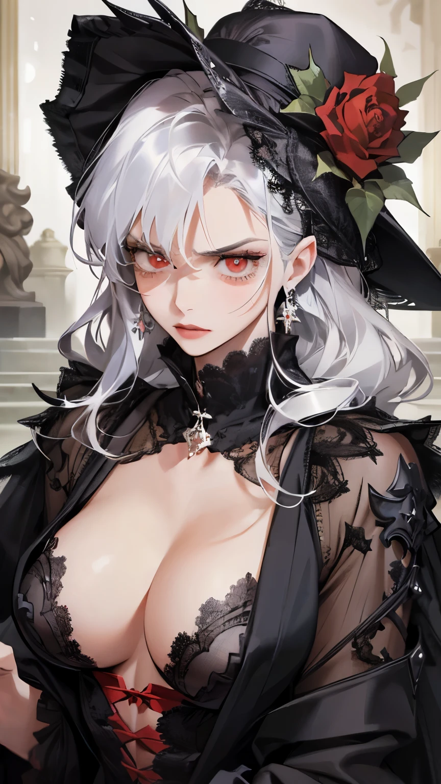 (best quality,high resolution:1.2),Super detailed,actual:1.37,a sexy, Mature and beautiful lady wearing black royal robe, Comes with lace lingerie, showing her angry expression, Close-up of her breasts, white hair, red eyes, and exposed her underwear