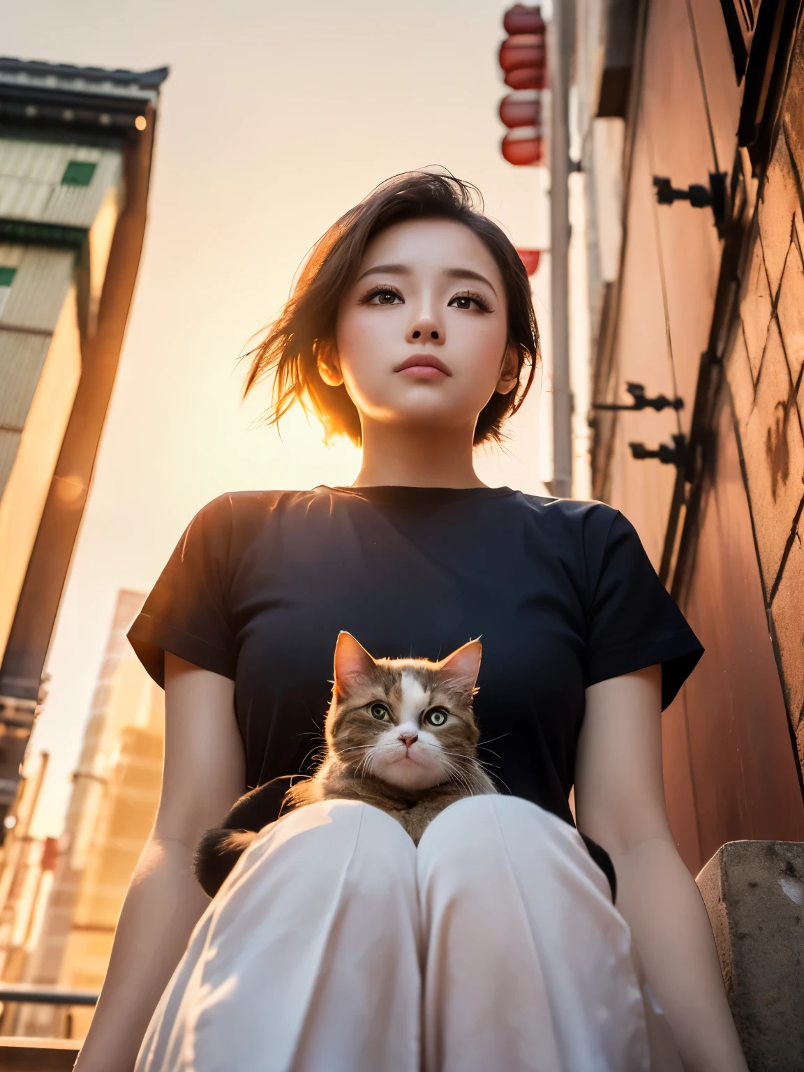 4K.HD. (Masterpiece, Best Quality, ) ,bokeh, a girl, Light brown beautiful hair, Light brown eyes, Plump breast, Blushed face, (cat ear:1.2), colourful t-shirt,  (Japanese idle:1.6), holding a pretty cat,   Looking at the viewer, (background is sunset wall street:1.4), (From below:1.6), cowboy shot